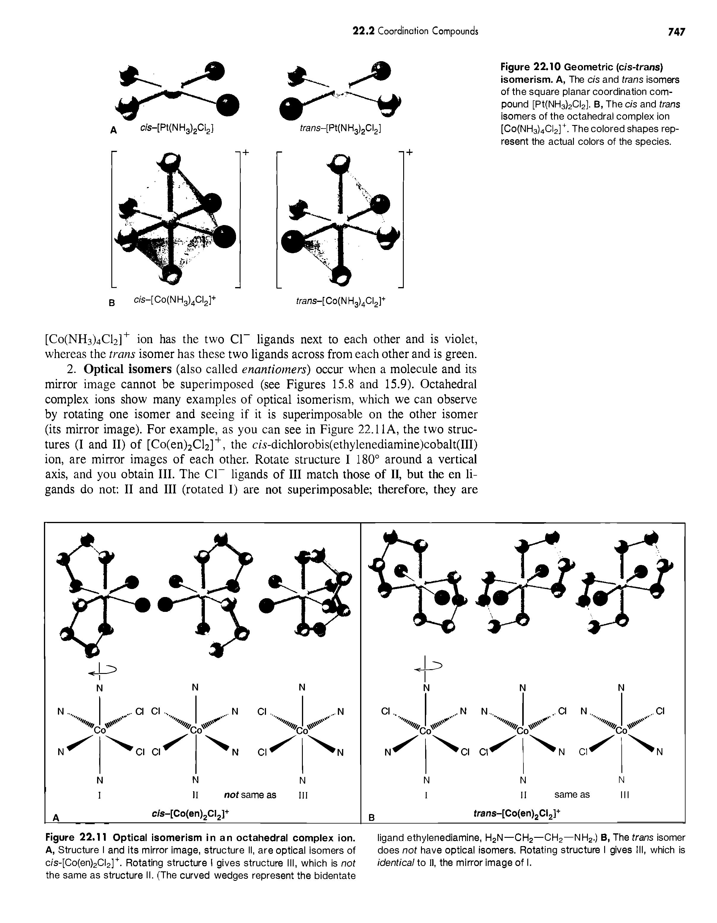 Figure 22.10 Geometric (cis-trans) isomerism. A, The c/s and trans isomers of the square planar coordination compound [Pt(NH3)2Cl2]. B, The c/s and trans isomers of the octahedral complex Ion [Co(NH3)4Cl2]. The colored shapes represent the actual colors of the species.