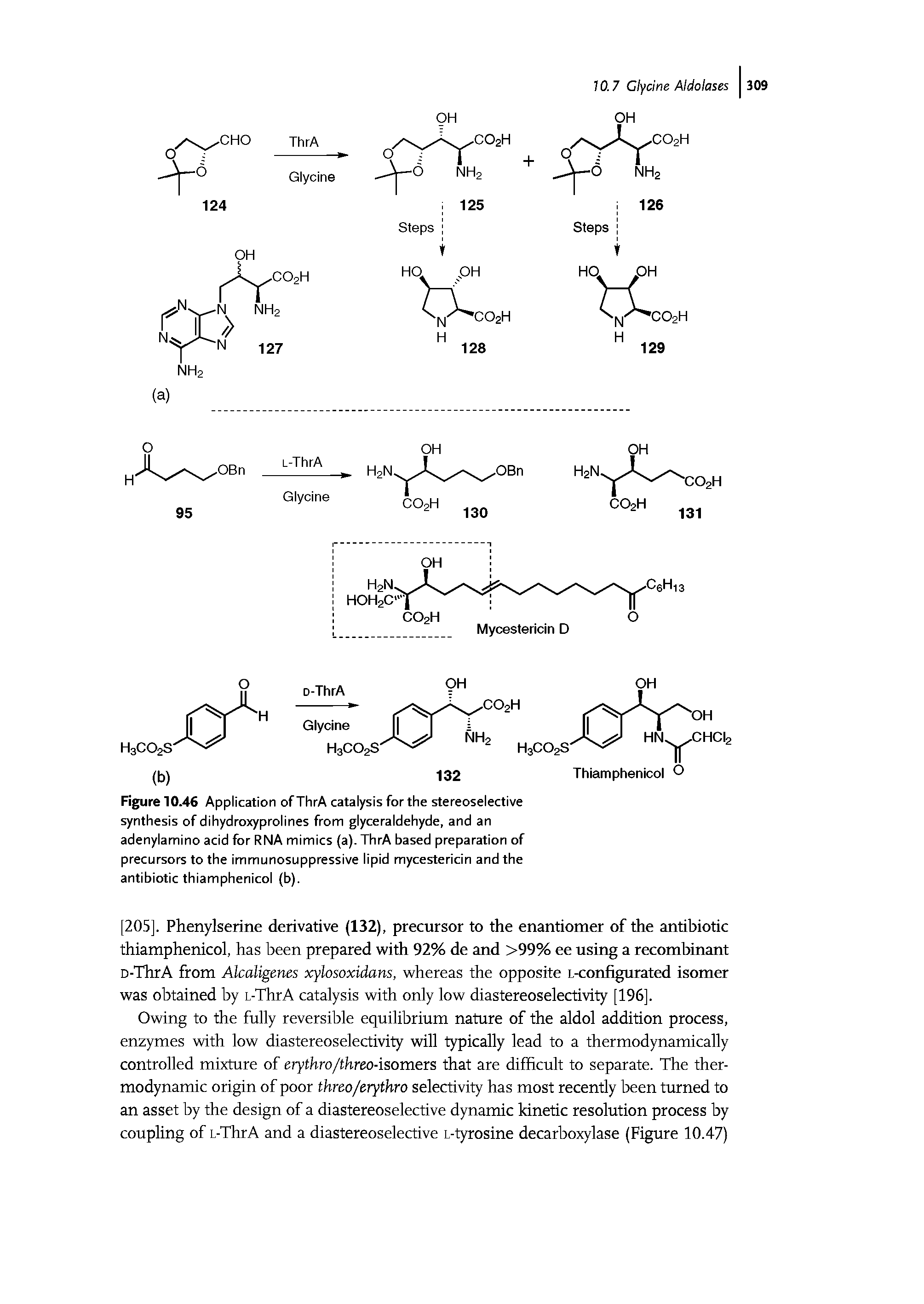 Figure 10.46 Application of ThrA catalysis for the stereoselective synthesis of dihydroxyprolines from glyceraldehyde, and an adenylamino acid for RNA mimics (a). ThrA based preparation of precursors to the immunosuppressive lipid mycestericin and the antibiotic thiamphenicol (b).