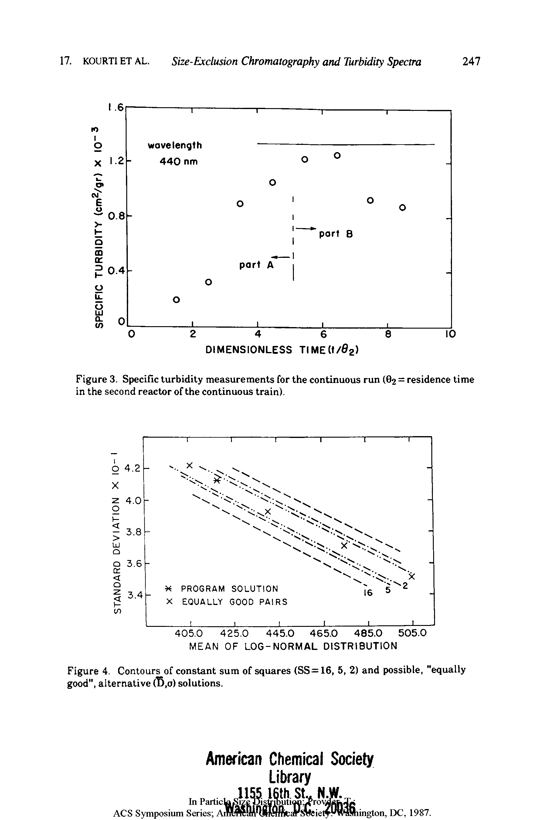 Figure 3. Specific turbidity measurements for the continuous run (02 = residence time in the second reactor of the continuous train).