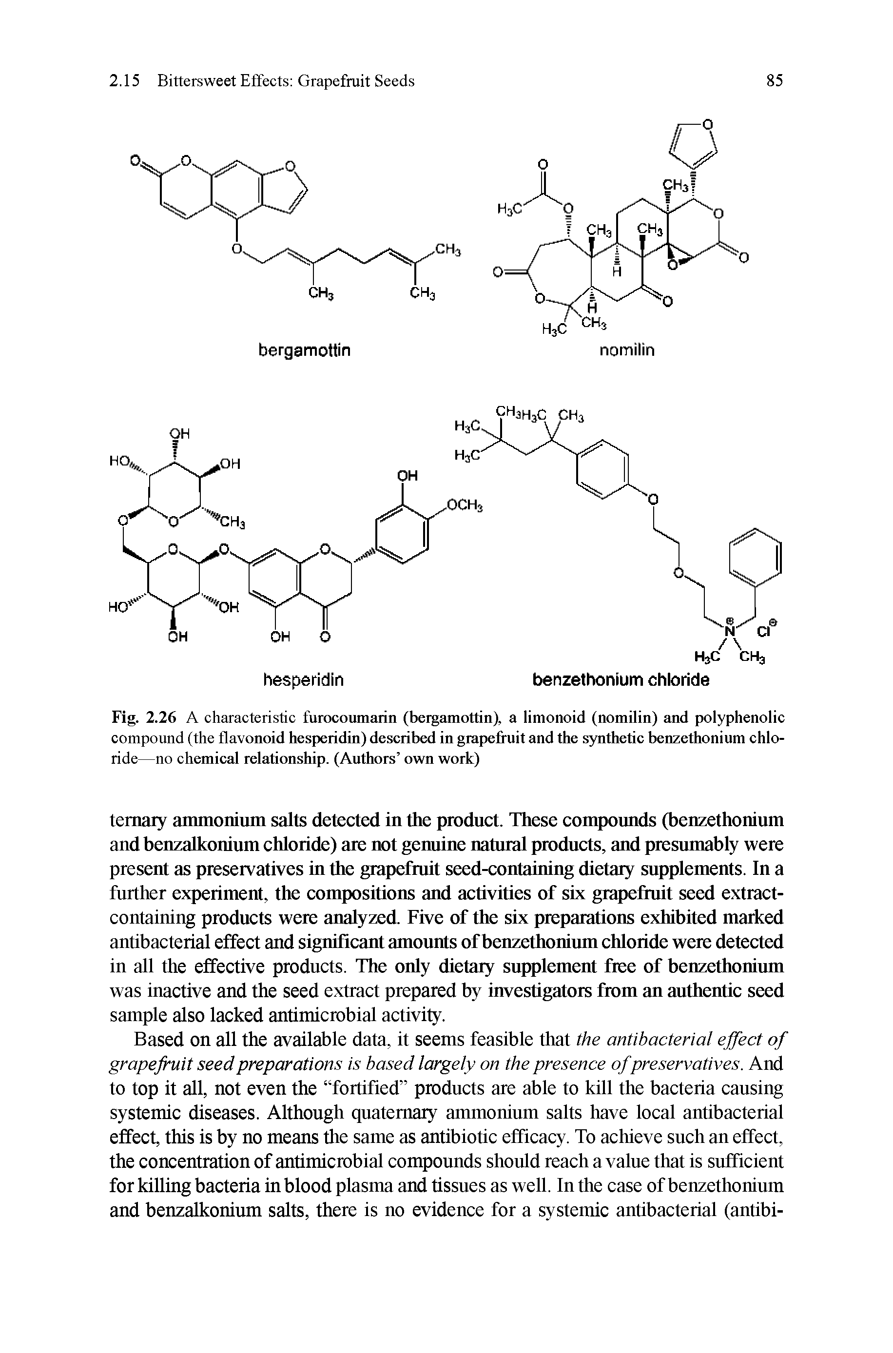 Fig. 2.26 A characteristic furocoumaiin (bergamottin), a limonoid (nomilin) and polyphenolic compound (the flavonoid hesperidin) described in grapefruit and the synthetic benzethonium chloride—no chemical relationship. (Authors own work)...