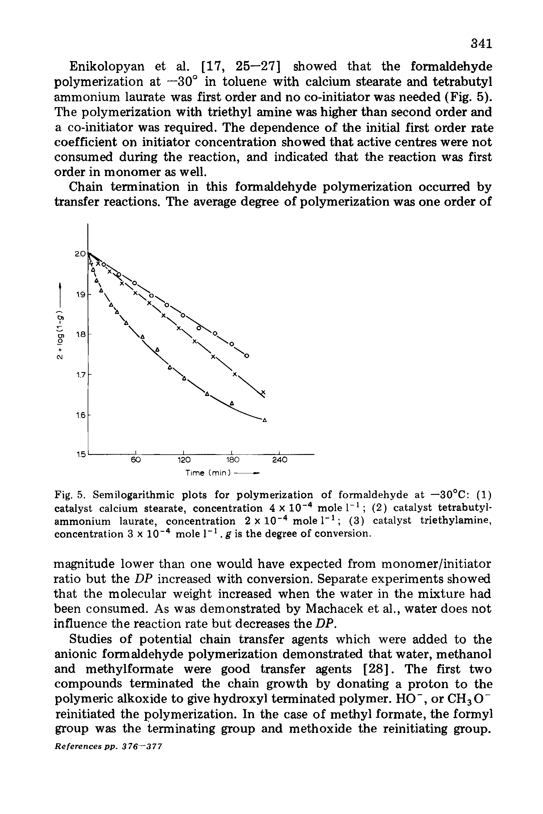 Fig. 5. Semilogarithmic plots for polymerization of formaldehyde at —30°C (1) catalyst calcium stearate, concentration 4x10" molel (2) catalyst tetrabutyl-ammonium laurate, concentration 2 x 10" mole 1" (3) catalyst triethylamine, concentration 3 x 10" mole 1". g is the degree of conversion.