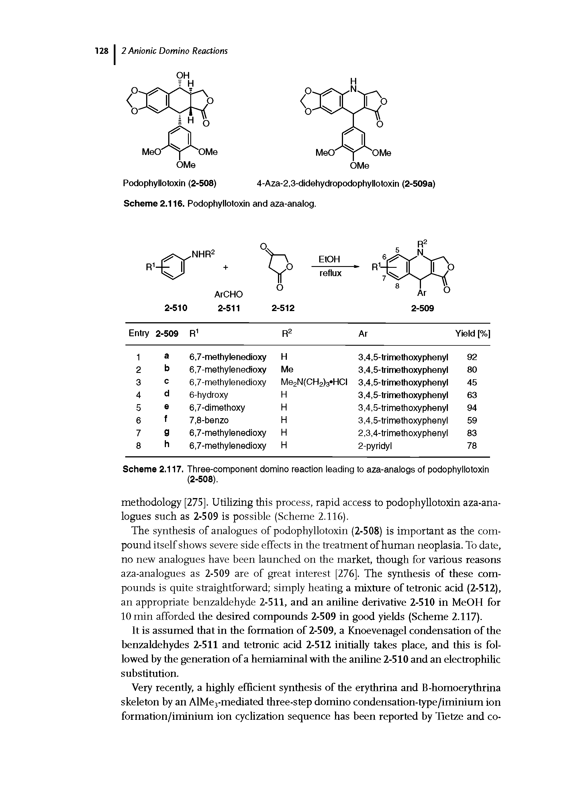 Scheme 2.117. Three-component domino reaction leading to aza-analogs of podophyllotoxin (2-508).