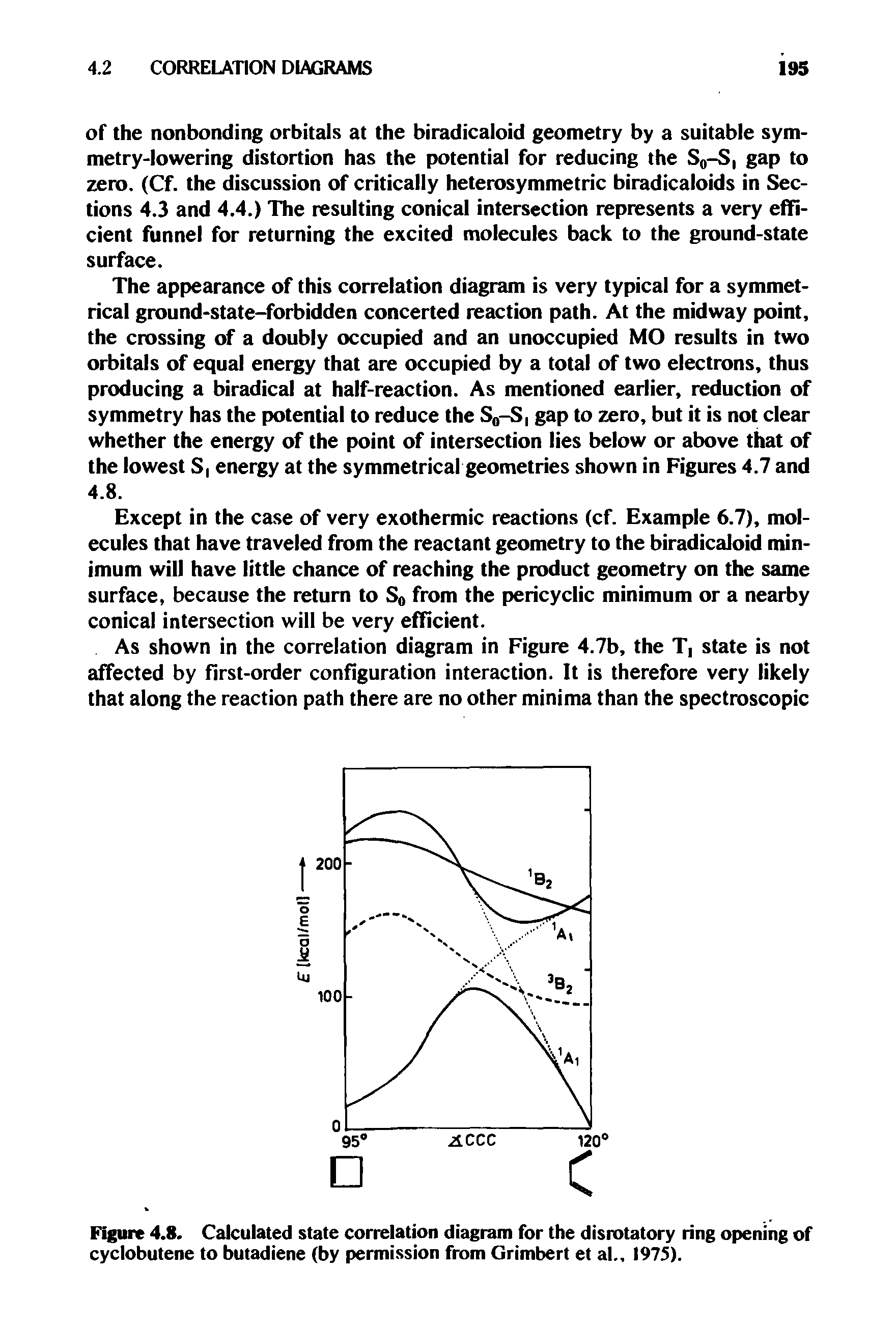 Figure 4.8. Calculated state correlation diagram for the disrotatory ring opening of cyclobutene to butadiene (by permission from Grimbert et al., 1975).