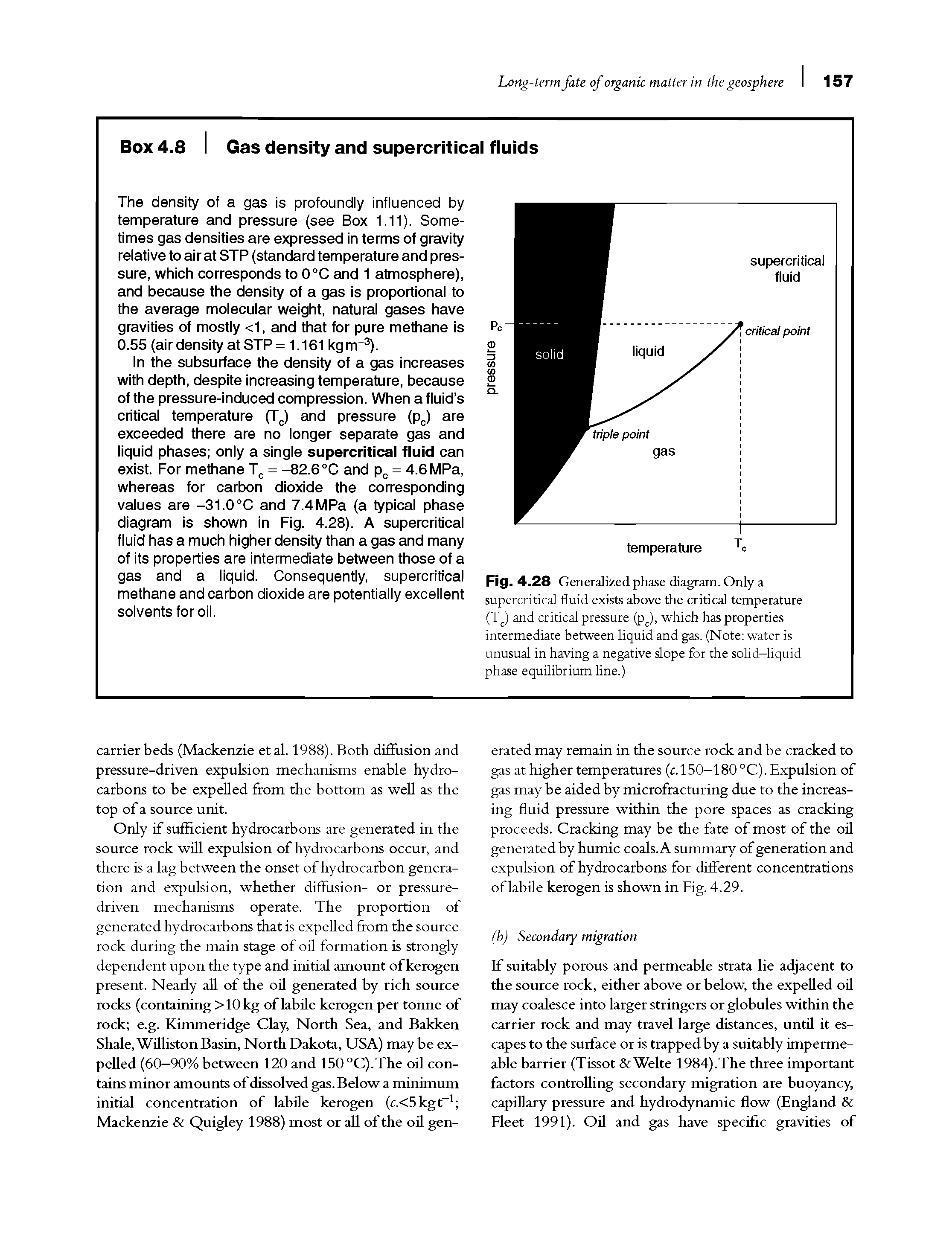 Fig. 4.28 Generalized phase diagram. Only a supercritical fluid exists above the critical temperature (T ) and critical pressure (p ), which has properties intermediate between liquid and gas. (Note water is unusual in having a negative slope for the solid-liquid phase equilibrium line.)...