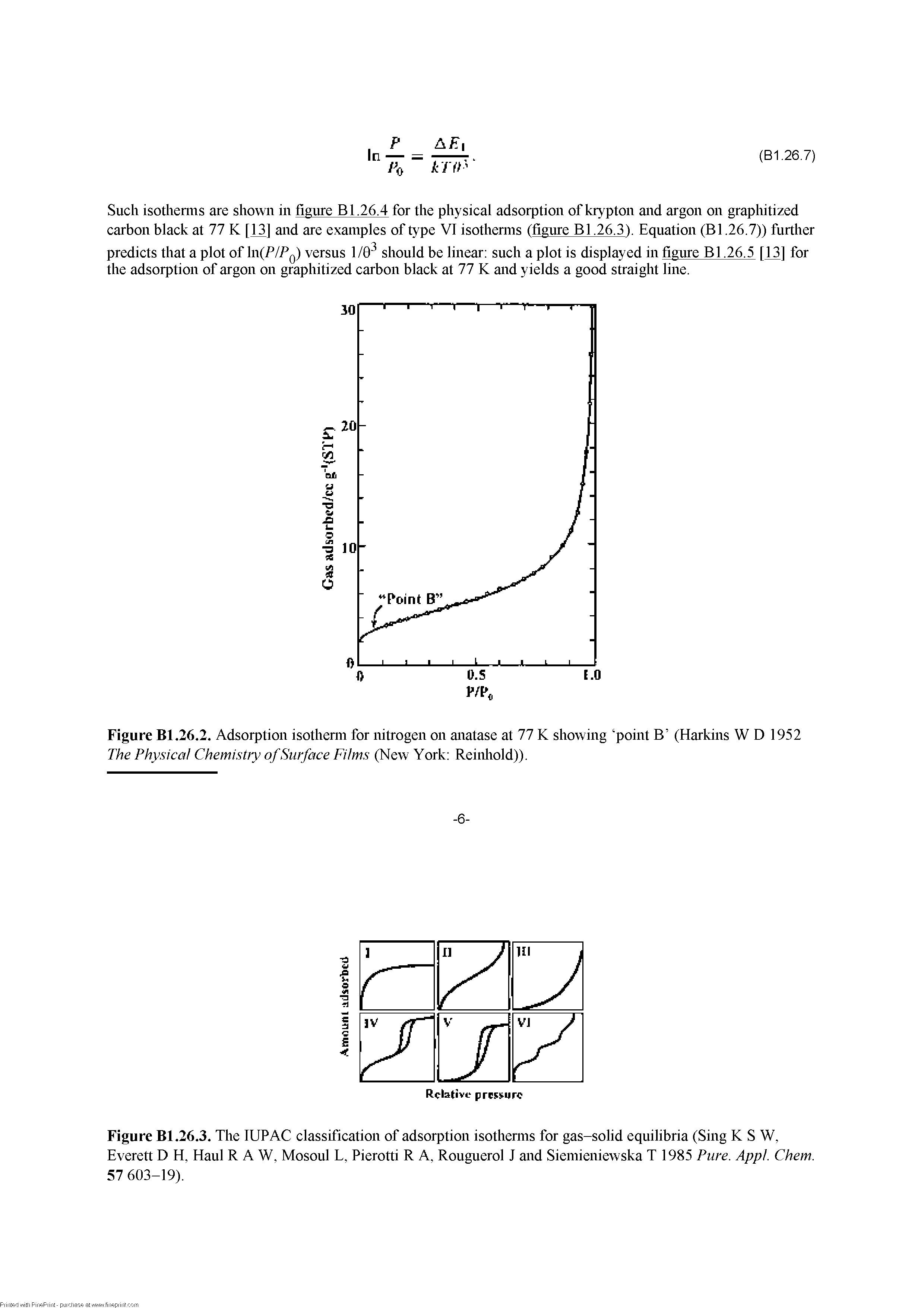 Figure Bl.26.2. Adsorption isothemi for nitrogen on anatase at 77 K showing point B (Harkins W D 1952 The Physical Chemistry of Surface Films (New York Reinliold)).
