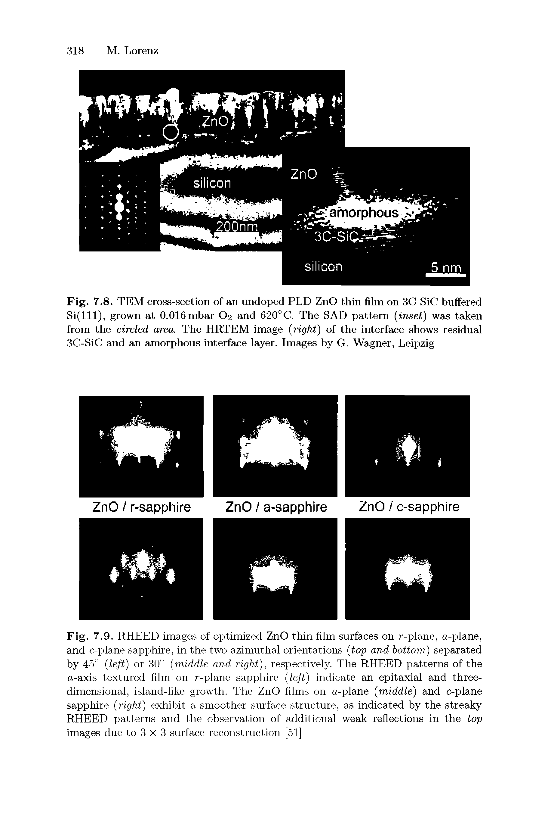 Fig. 7.9. RHEED images of optimized ZnO thin film surfaces on r-plane, a-plane, and c-plane sapphire, in the two azimuthal orientations (top and bottom) separated by 45° (left) or 30° (middle and right), respectively. The RHEED patterns of the a-axis textured film on r-plane sapphire (left) indicate an epitaxial and three-dimensional, island-like growth. The ZnO films on a-plane (middle) and c-plane sapphire (right) exhibit a smoother surface structure, as indicated by the streaky RHEED patterns and the observation of additional weak reflections in the top images due to 3 x 3 surface reconstruction [51]...