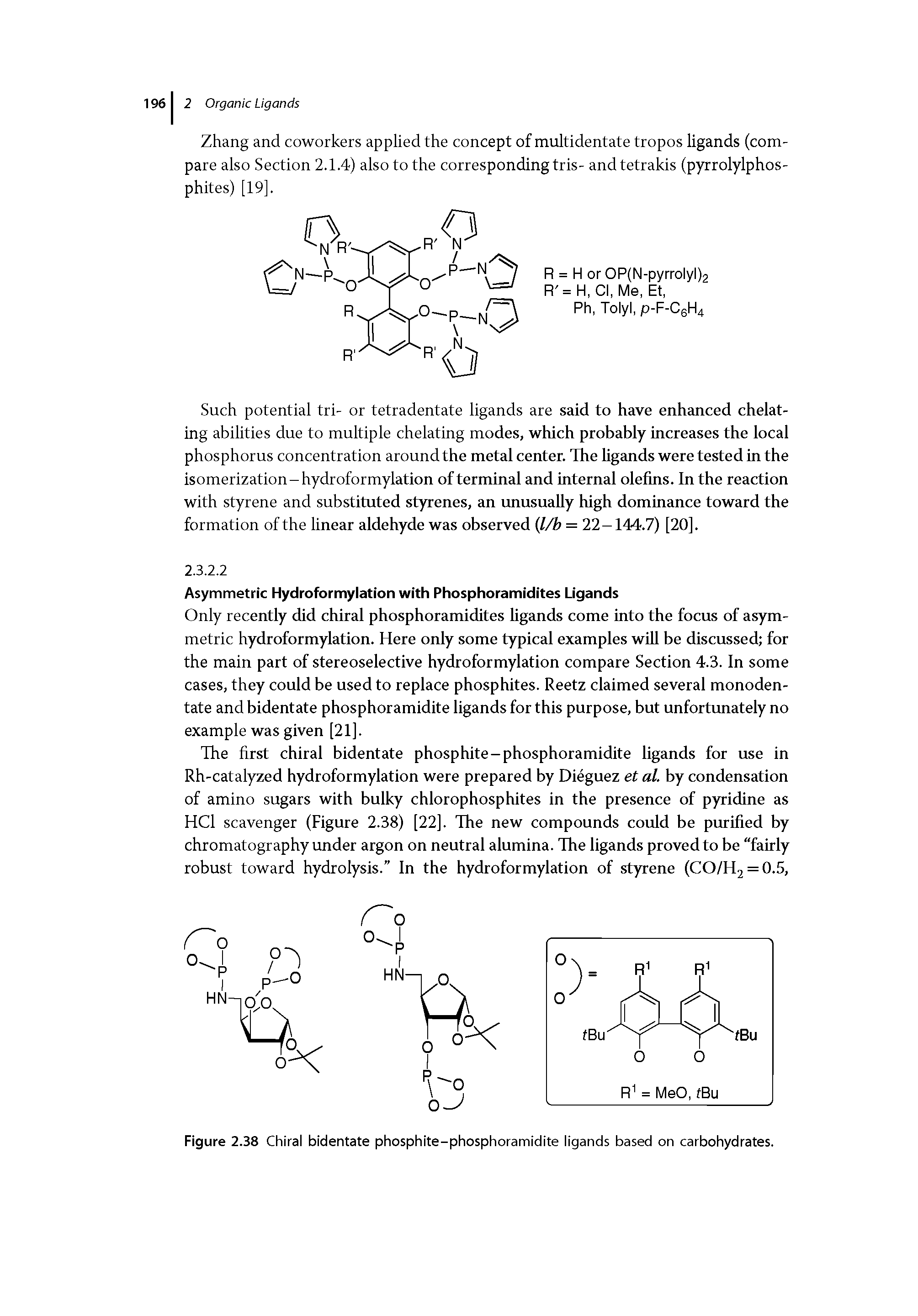 Figure 2.38 Chiral bidentate phosphite-phosphoramidite ligands based on carbohydrates.