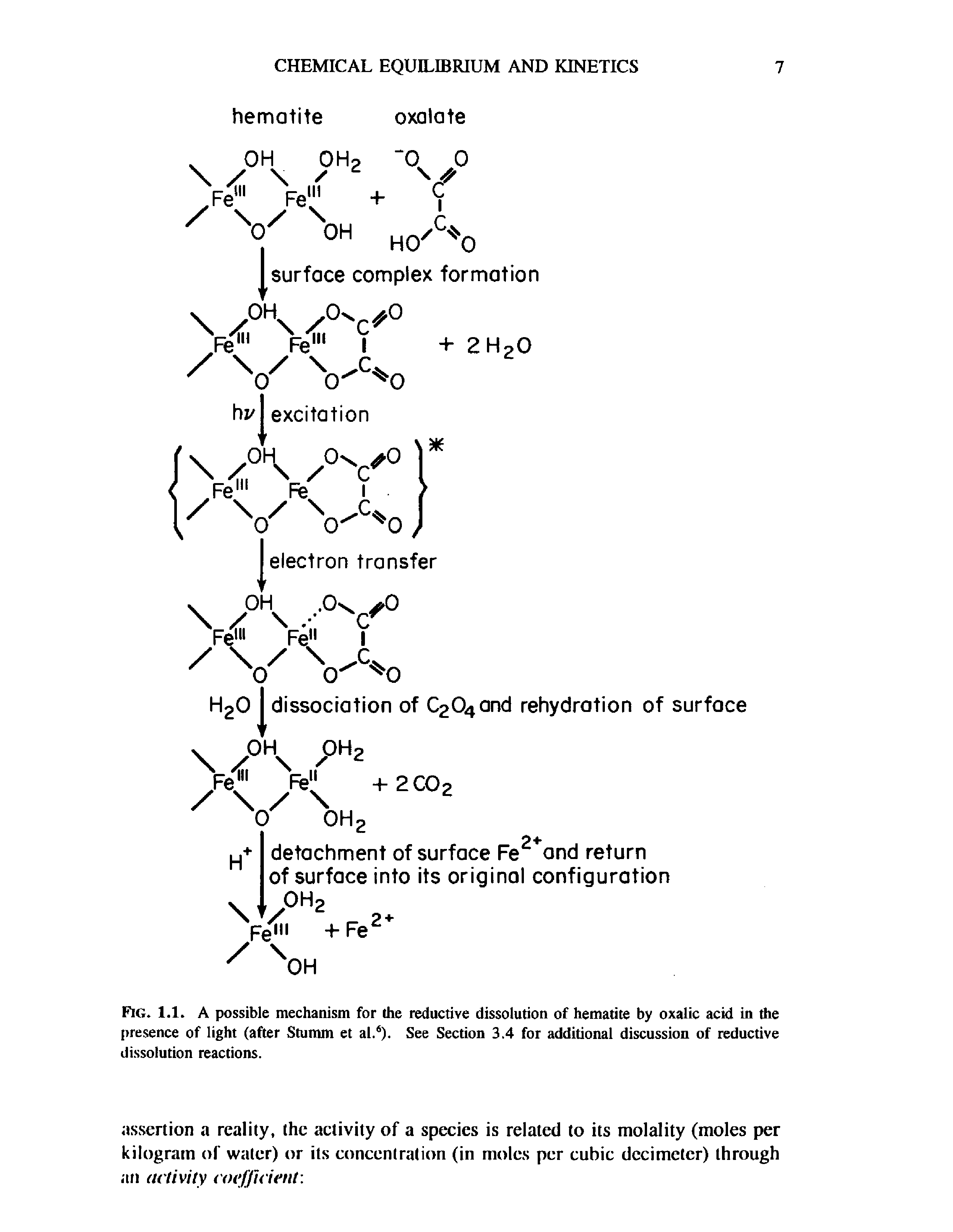 Fig. 1.1. A possible mechanism for (he reductive dissolution of hematite by oxalic acid in the presence of light (after Stumm et al.6). See Section 3.4 for additional discussion of reductive dissolution reactions.