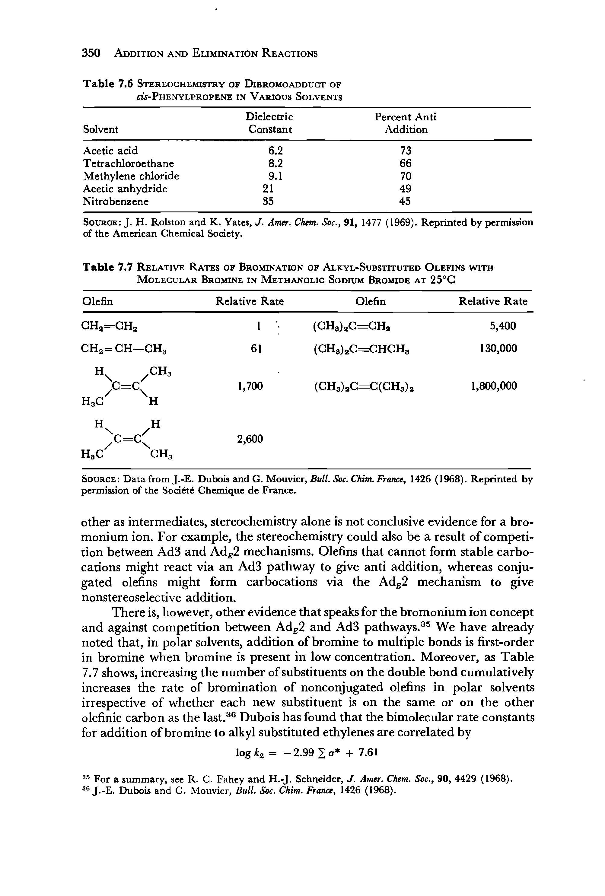 Table 7.7 Relative Rates of Bromination of Alkyl-Substituted Olefins with Molecular Bromine in Methanolic Sodium Bromide at 25°C ...