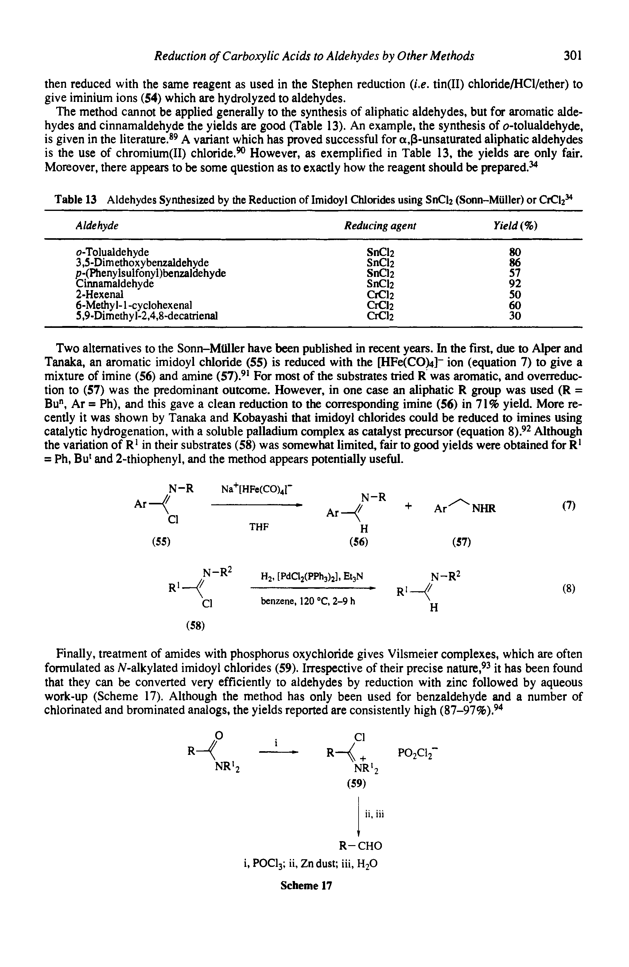 Table 13 Aldehydes Synthesized by the Reduction of Imidoyl Chlorides using SnCh (Sonn-Miiller) or CrCb ...