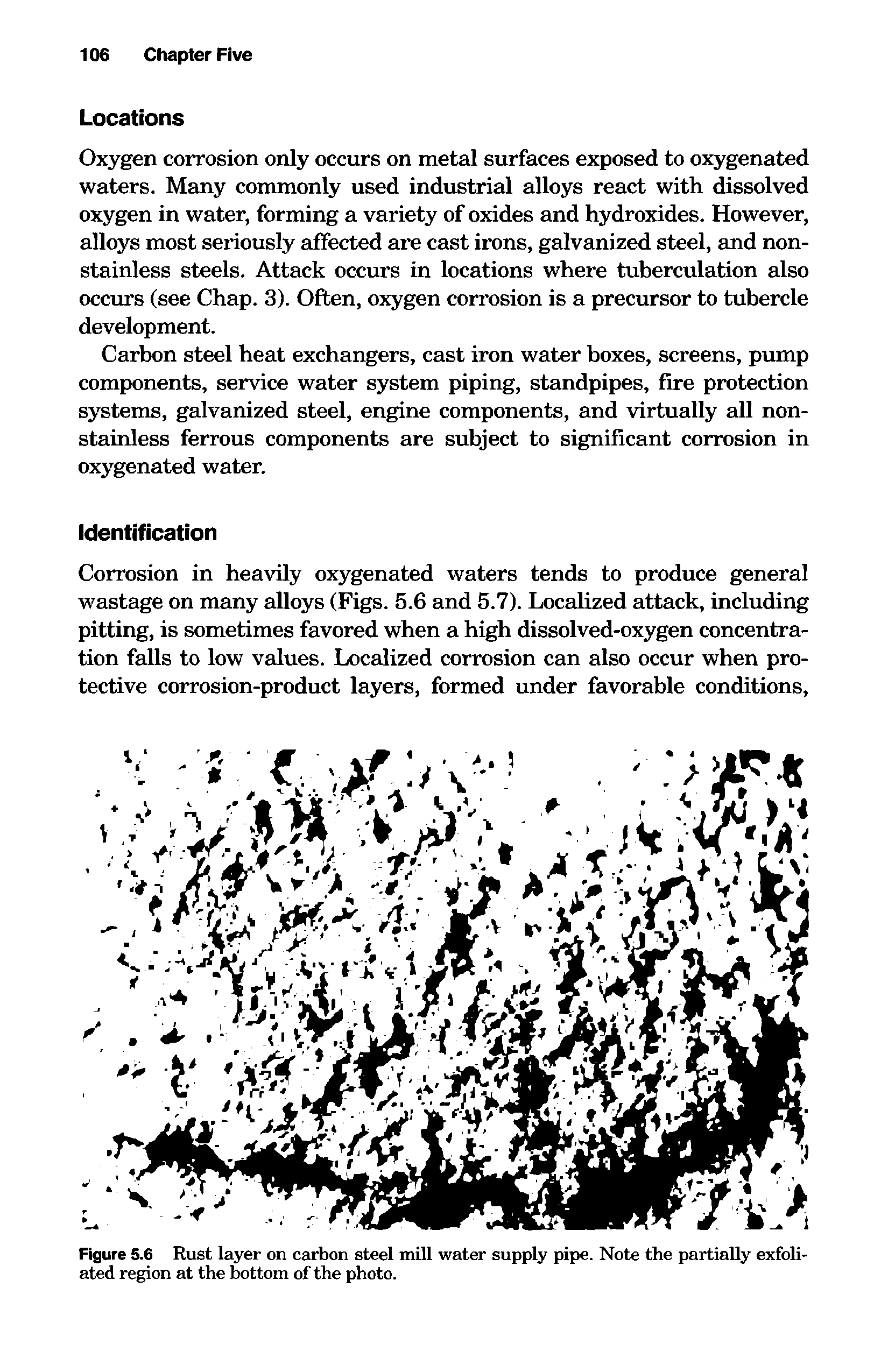 Figure 5.6 Rust layer on carbon steel mill water supply pipe. Note the partially exfoliated region at the bottom of the photo.