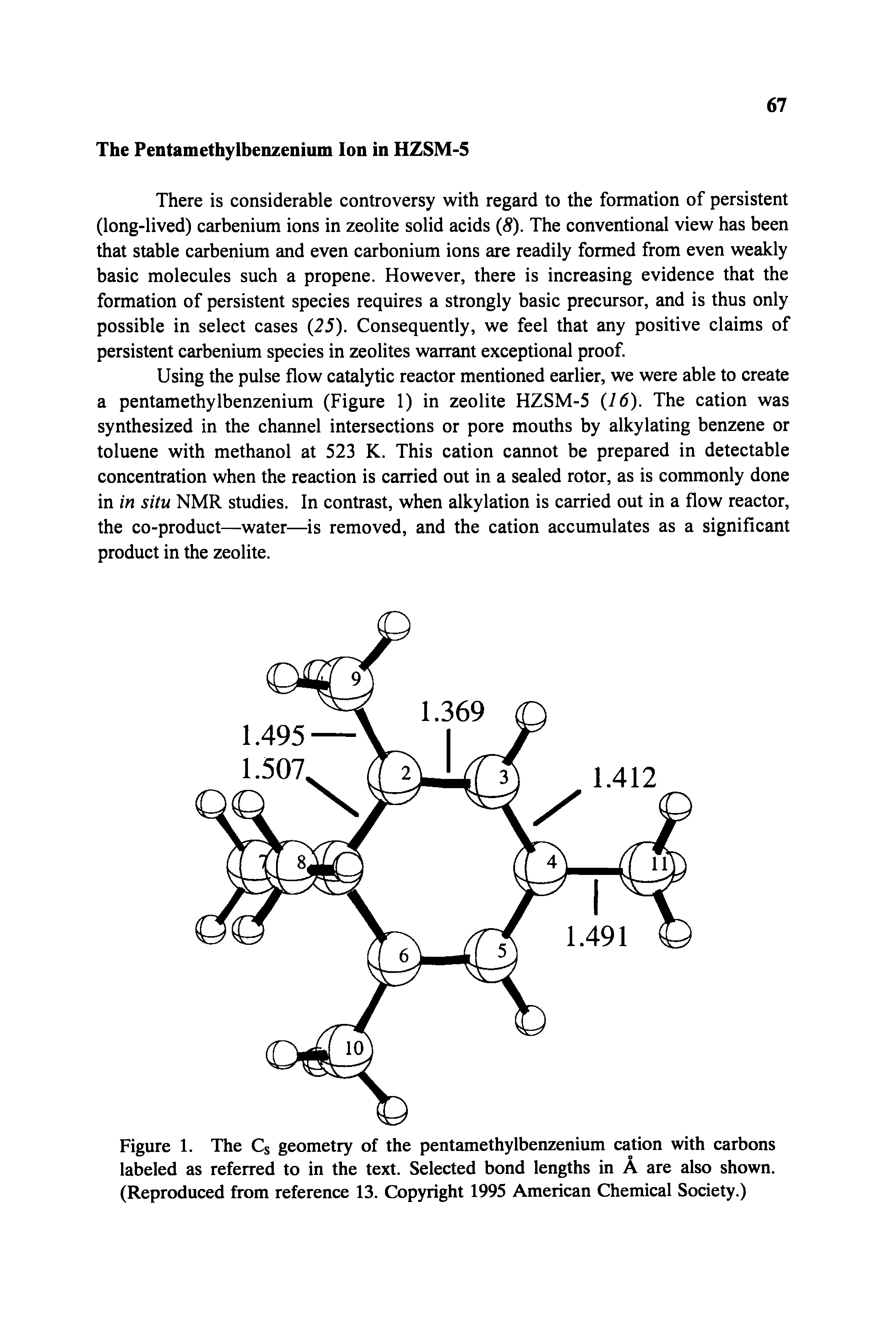Figure 1. The Cs geometry of the pentamethylbenzenium cation with carbons labeled as referred to in the text. Selected bond lengths in A are also shown. (Reproduced from reference 13. Copyright 1995 American Chemical Society.)...