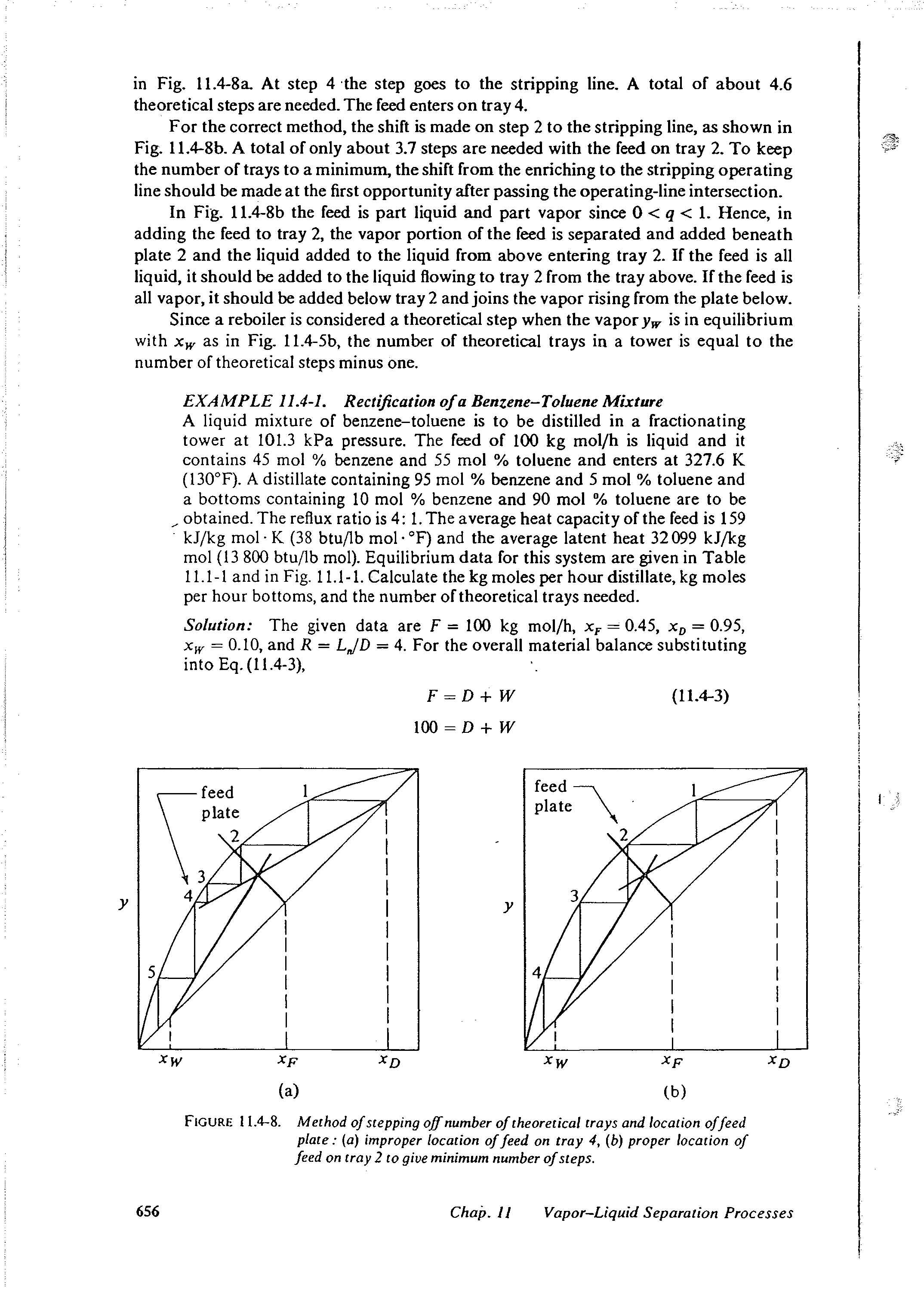 Figure 11.4-8. Method of stepping off number of theoretical trays and location offeed plate (a) improper location of feed on tray 4, (b) proper location of feed on tray 2 to give minimum number of steps.