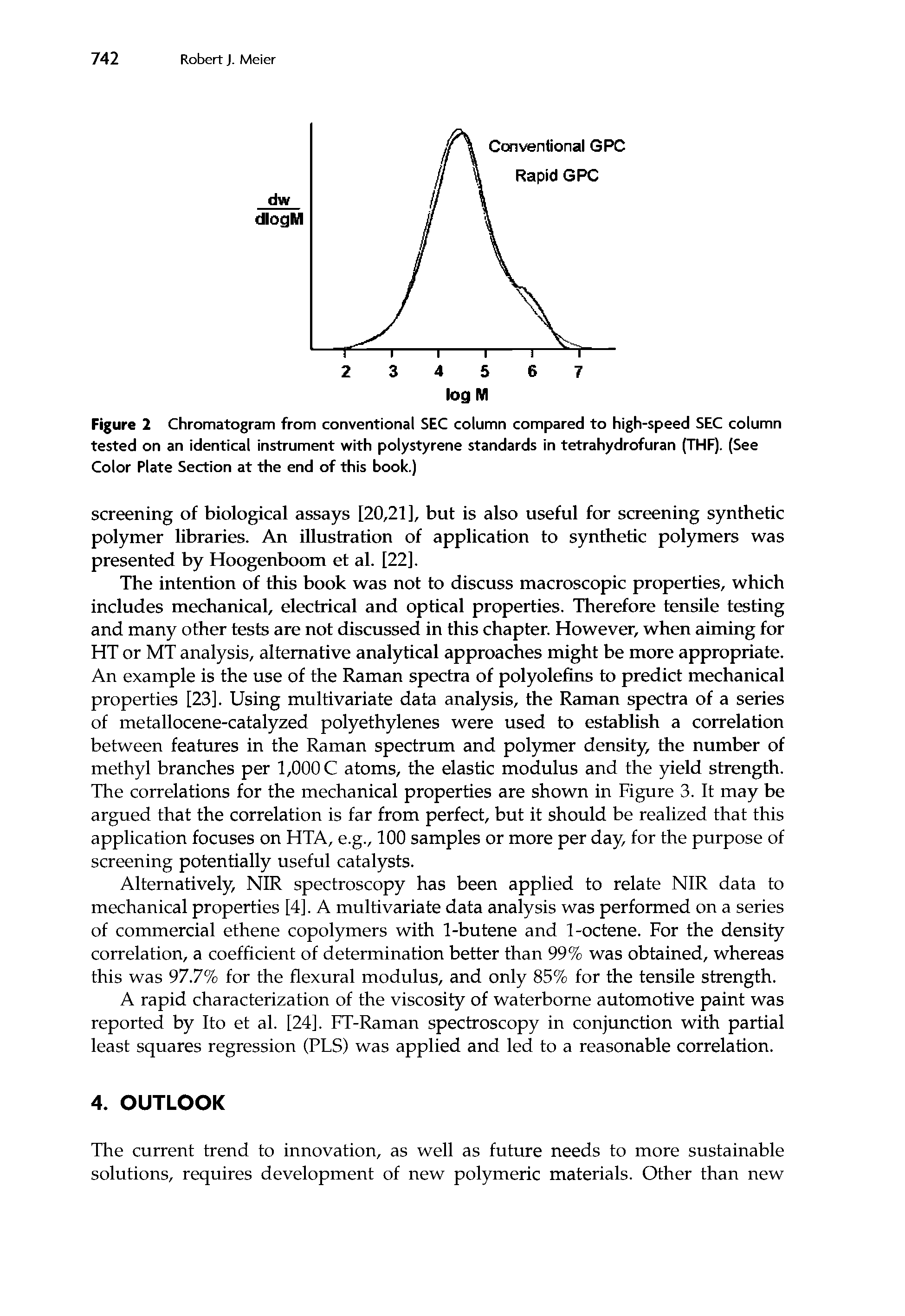 Figure 2 Chromatogram from conventional SEC column compared to high-speed SEC column tested on an identical instrument with polystyrene standards in tetrahydrofuran (THF). (See Color Plate Section at the end of this book.)...