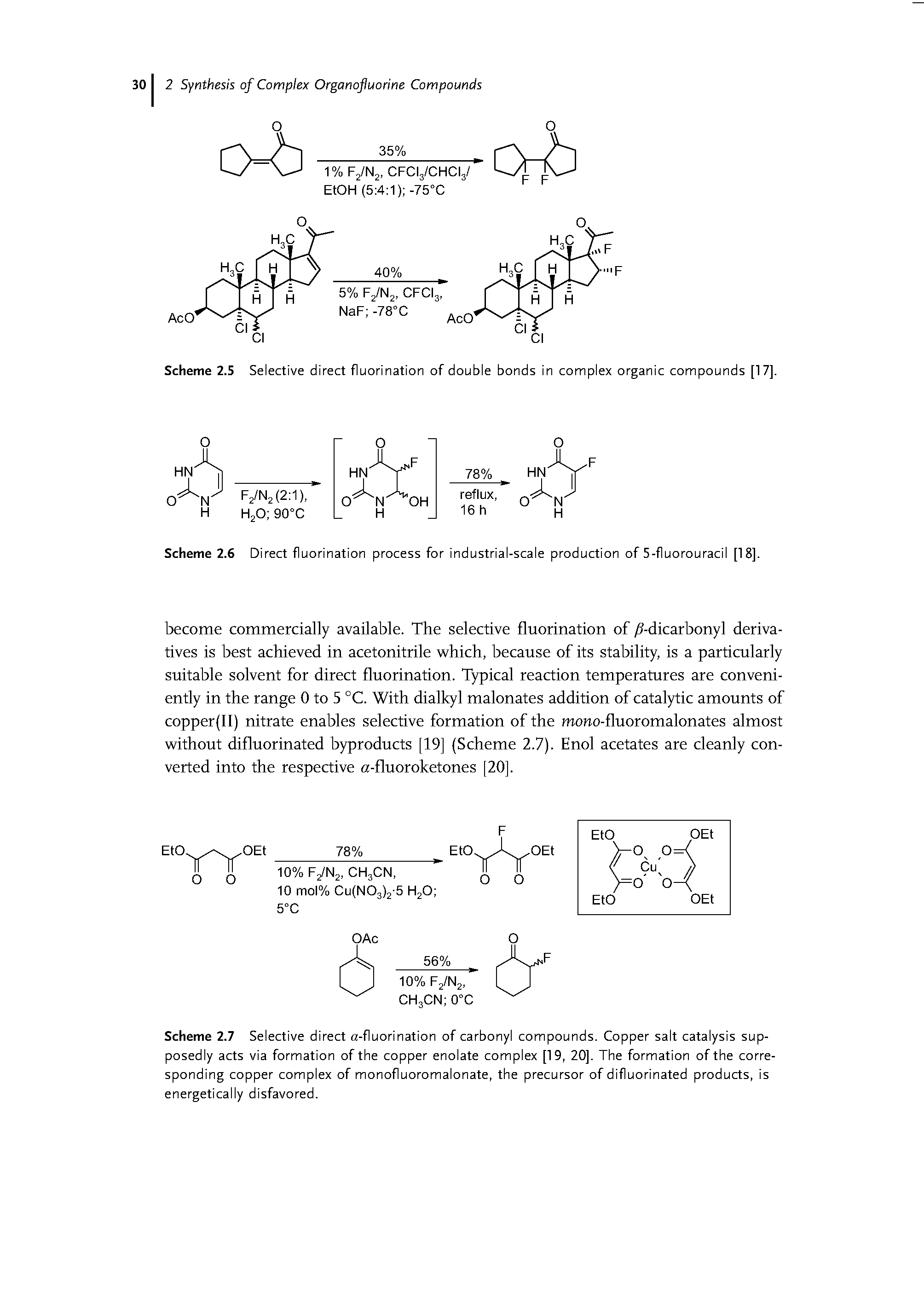 Scheme 2.7 Selective direct a-fluorination of carbonyl compounds. Copper salt catalysis supposedly acts via formation of the copper enolate complex [19, 20], The formation of the corresponding copper complex of monofluoromalonate, the precursor of difluorinated products, is energetically disfavored.