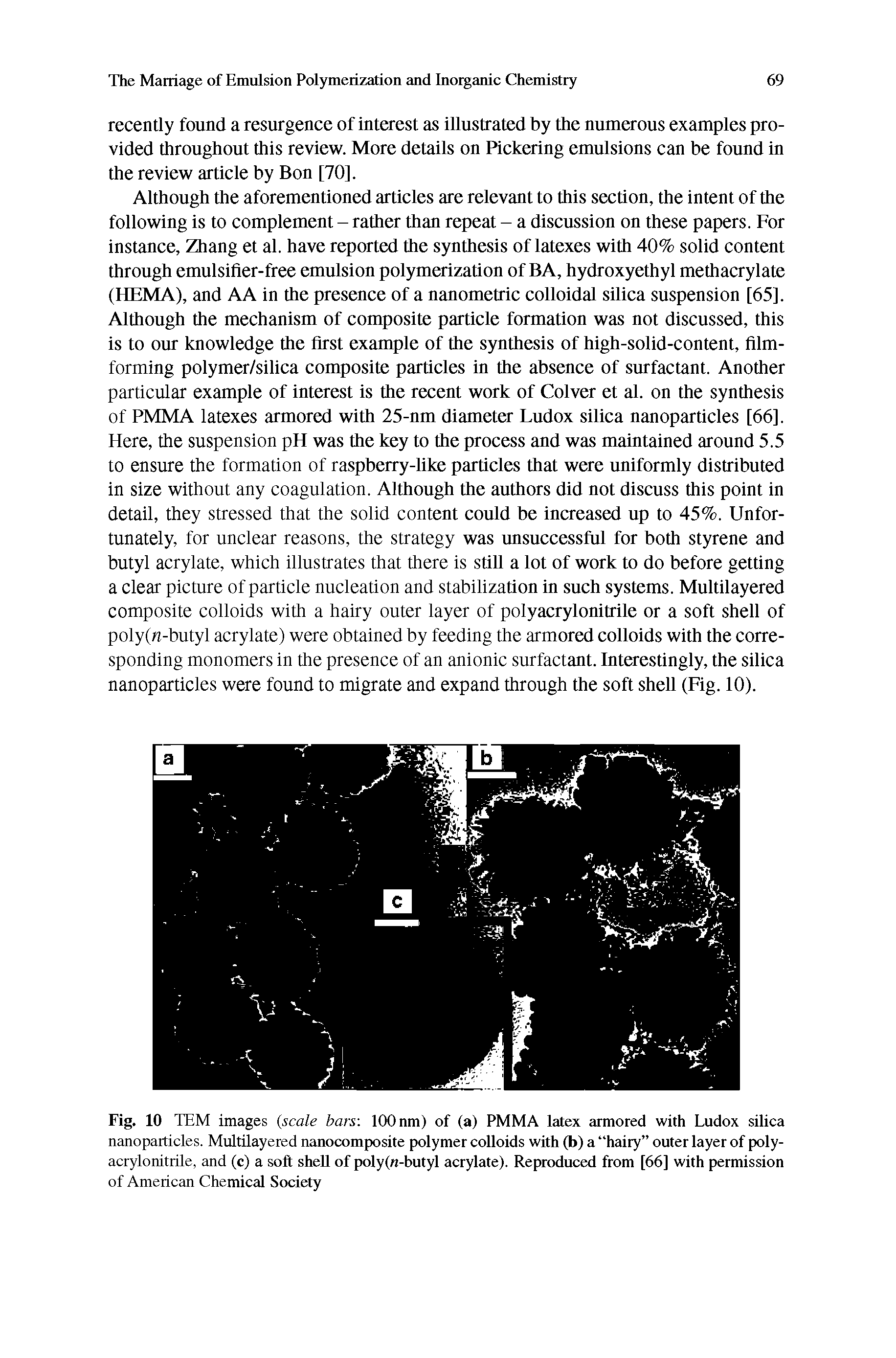 Fig. 10 TEM images (scale bars. 100 nm) of (a) PMMA latex armored with Ludox silica nanoparticles. Multilayered nanocomposite polymer colloids with (b) a hairy outer layer of polyacrylonitrile, and (c) a soft shell of poly(n-butyl acrylate). Reproduced from [66] with permission of American Chemical Society...