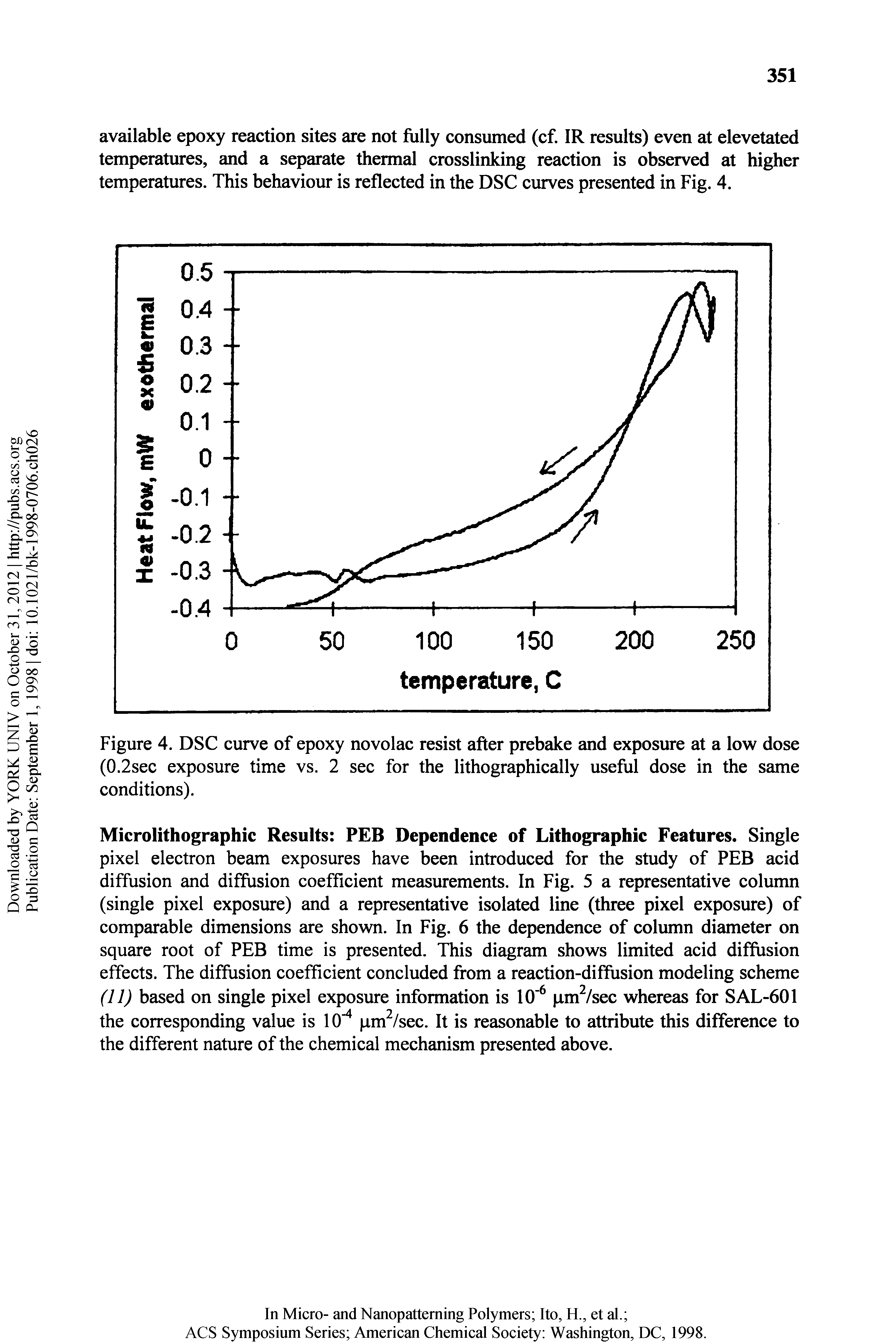 Figure 4. DSC curve of epoxy novolac resist after prebake and exposure at a low dose (0.2sec exposure time vs. 2 sec for the lithographically useful dose in the same conditions).
