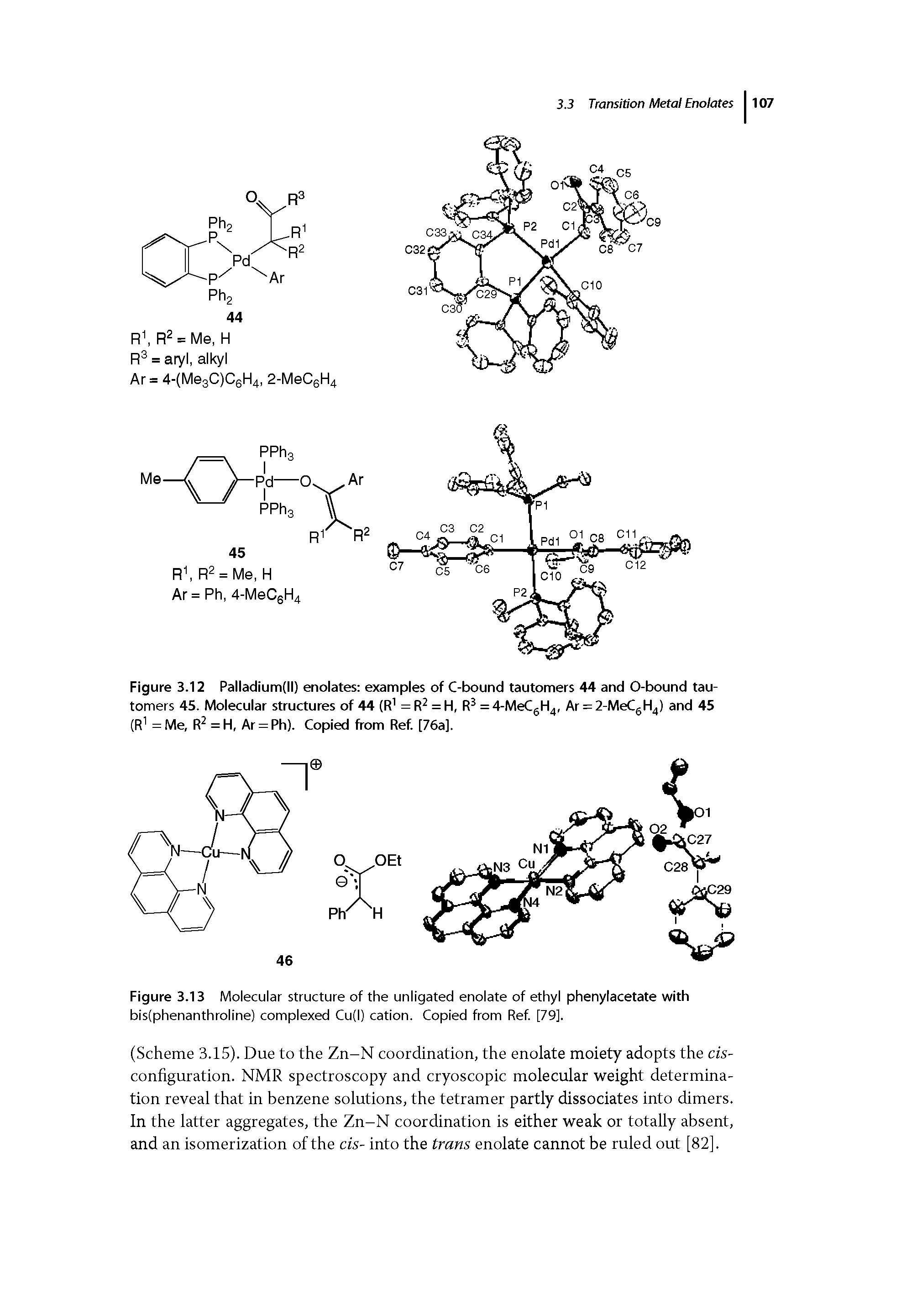 Figure 3.12 Palladium(ll) enolates examples of C-bound tautomers 44 and 0-bound tautomers 45. Molecular structures of 44 (R =r2 = h, R =4-MeCgl-l4, Ar = 2-MeCgH4) and 45 (R = Me, R = H, Ar = Ph). Copied from Ref [76a].
