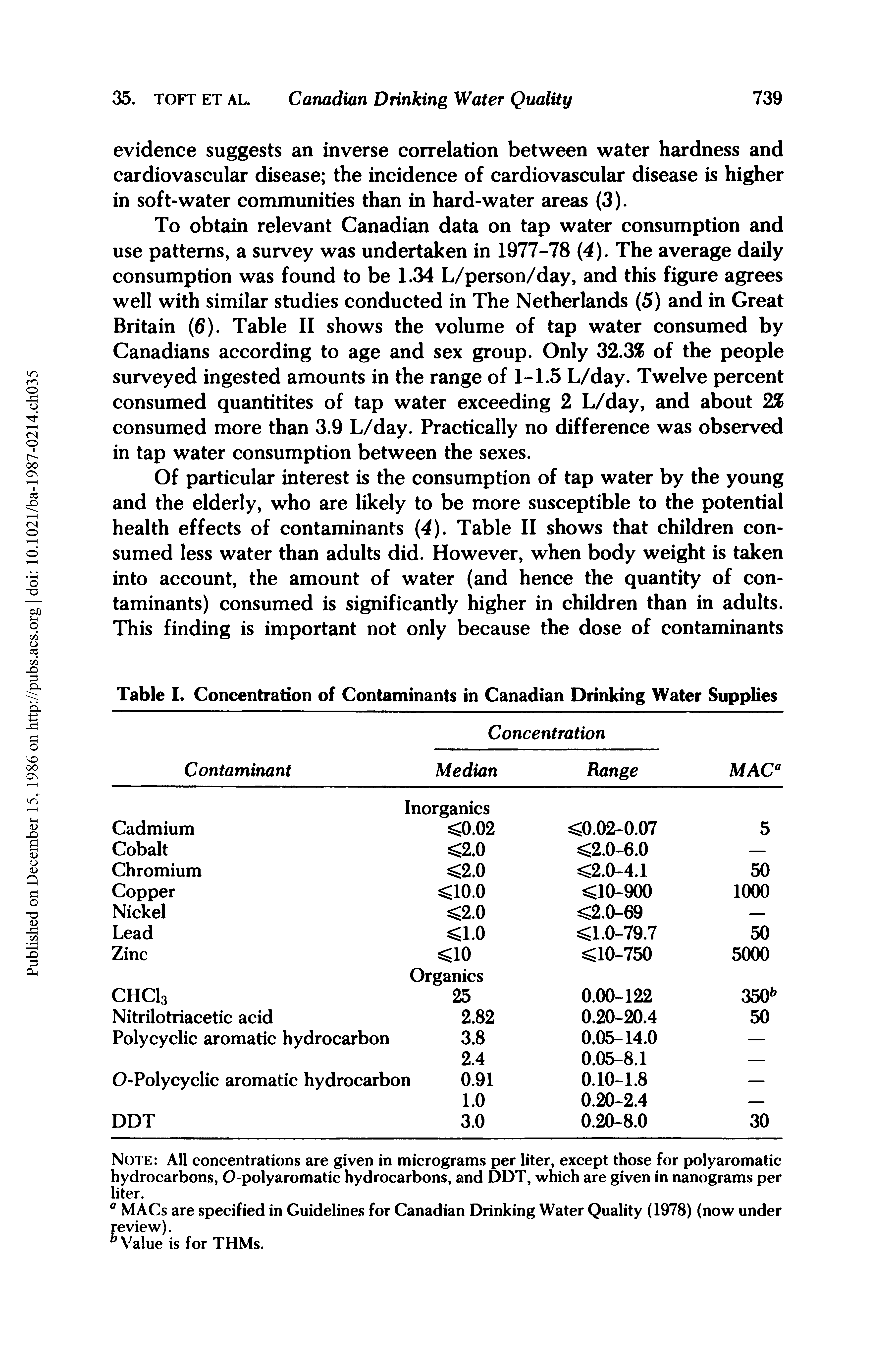 Table I. Concentration of Contaminants in Canadian Drinking Water Supplies...
