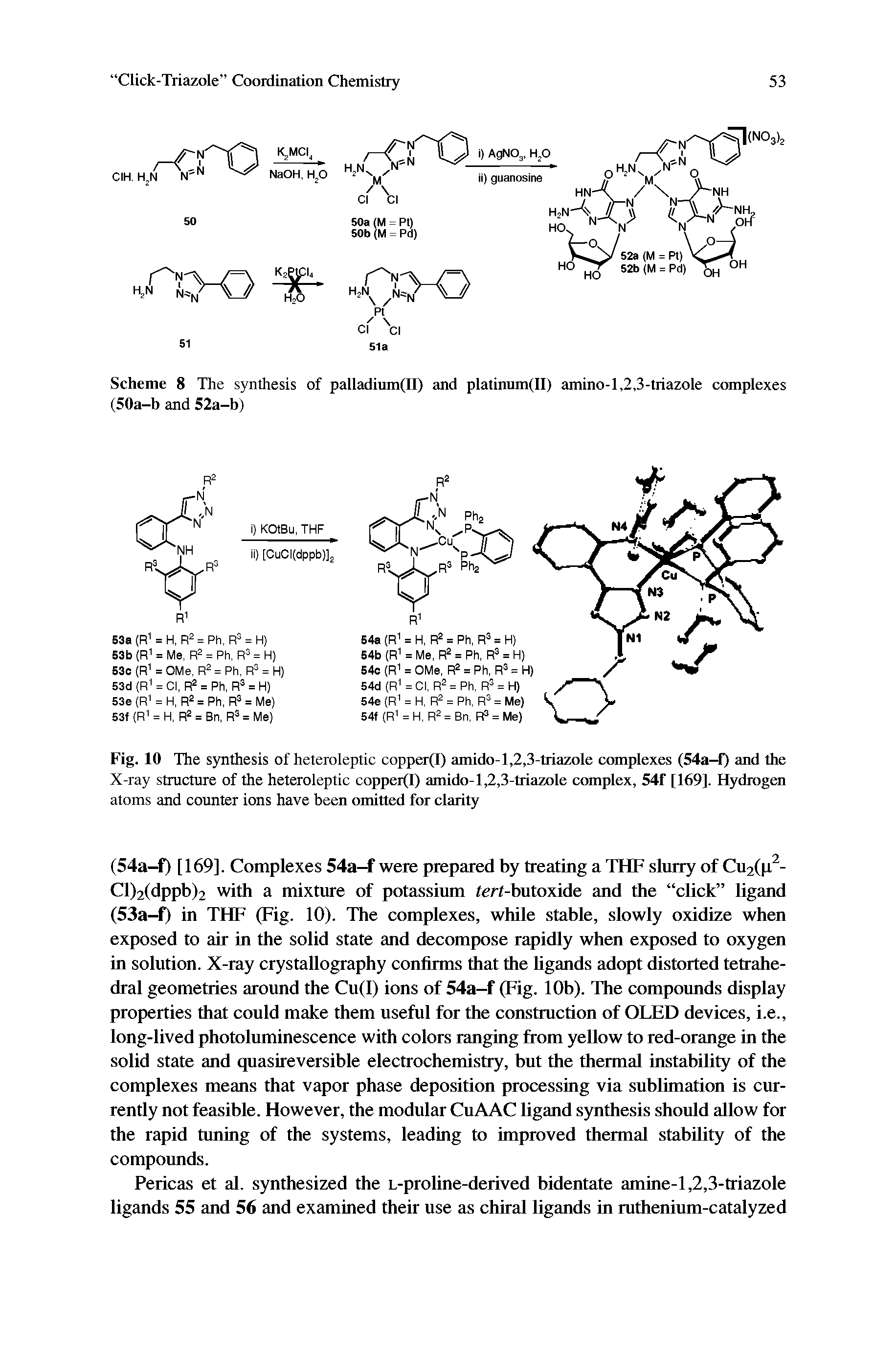 Fig. 10 The synthesis of heteroleptic copper amido-l,2,3-triazole complexes (54a-f) and the X-ray structure of the heteroleptic copper(I) amido-1,2,3-triazole complex, 54f [169]. Hydrogen atoms and counter ions have been omitted for clarity...