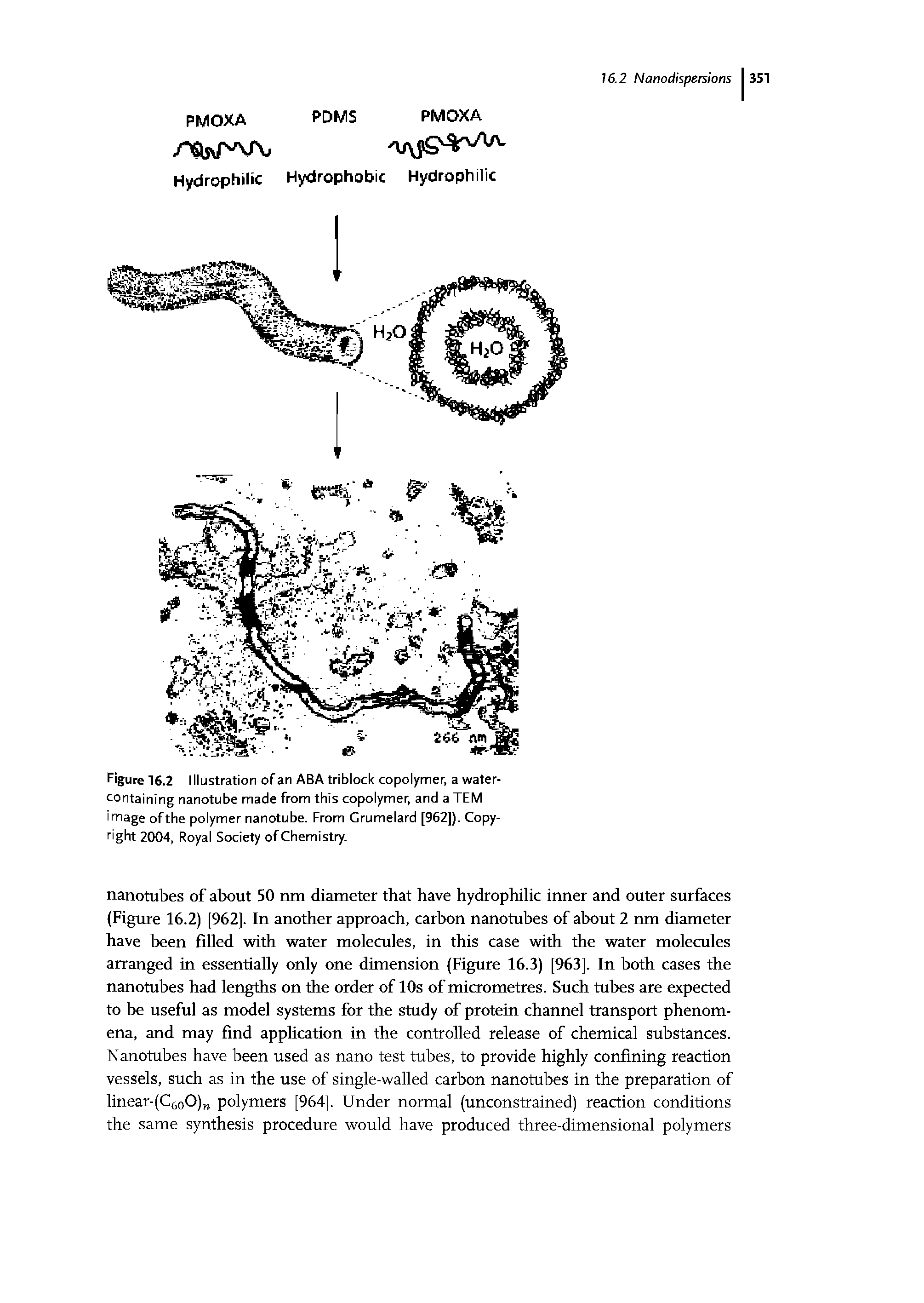 Figure 16.2 Illustration of an ABA triblock copolymer, a water-containing nanotube made from this copolymer, and a TEM image of the polymer nanotube. From Grumelard [962]). Copyright 2004, Royal Society of Chemistry.