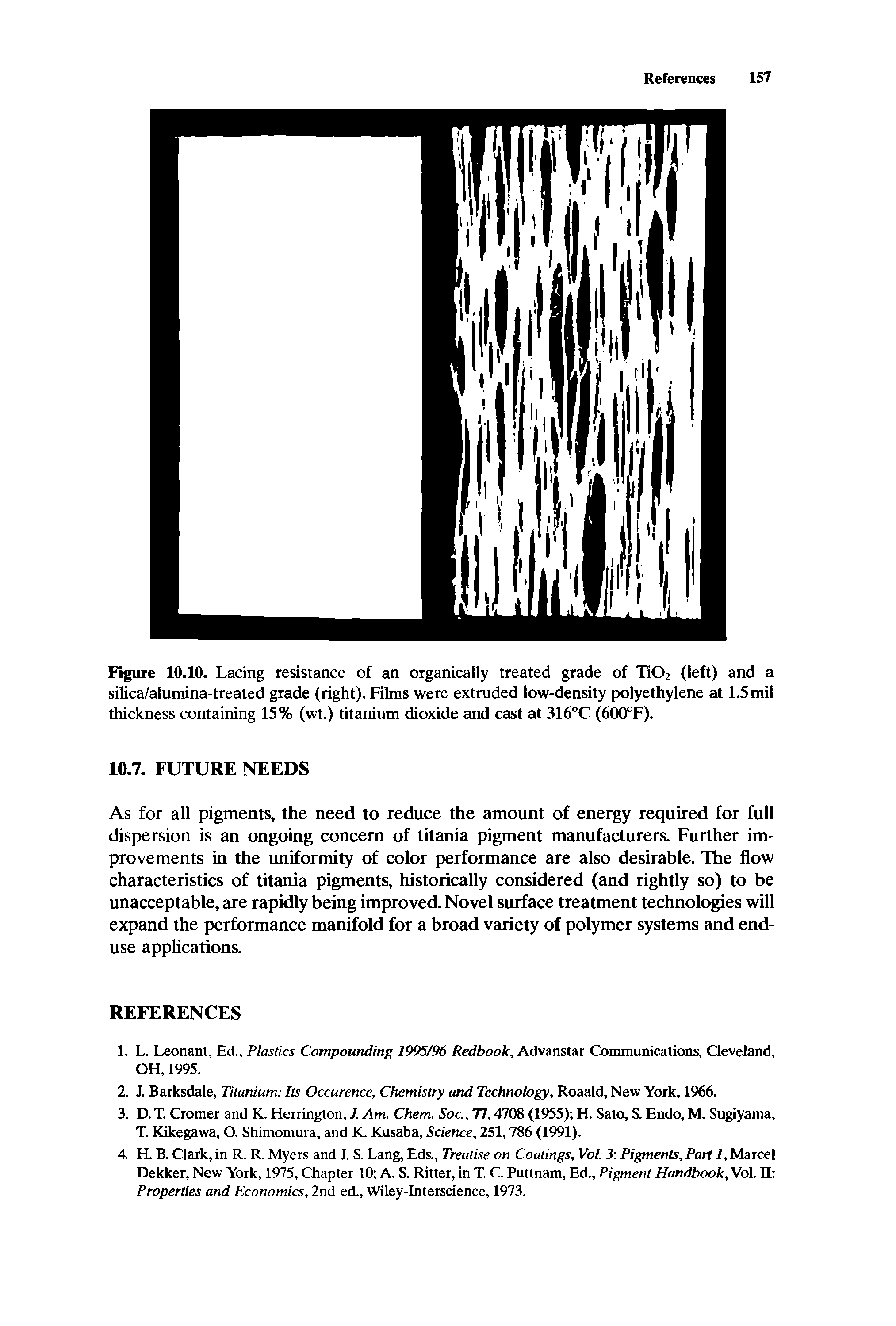 Figure 10.10. Lacing resistance of an organically treated grade of Ti02 (left) and a silica/alumina-treated grade (right). Films were extruded low-density polyethylene at 1.5 mil thickness containing 15% (wt.) titanium dioxide and cast at 316°C (600°F).