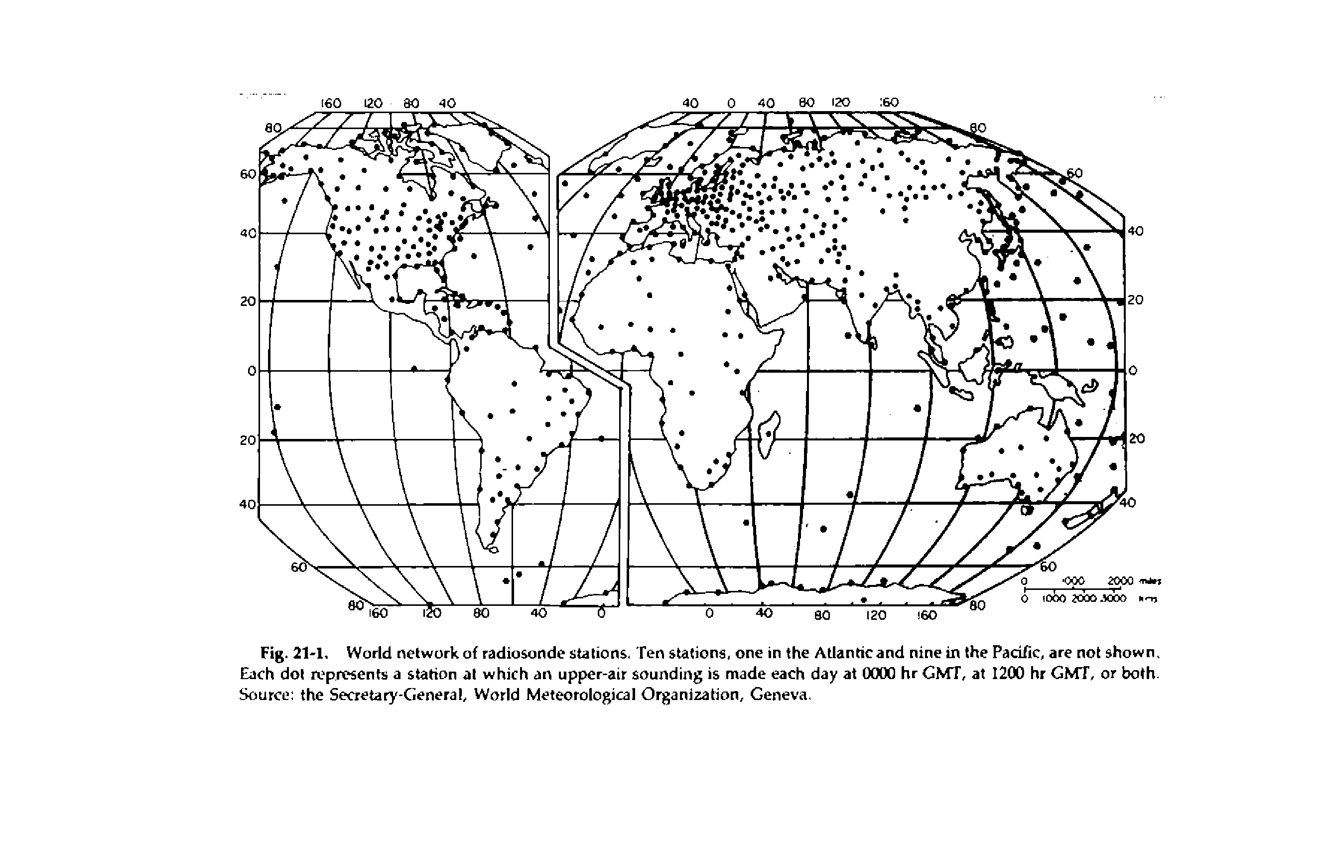 Fig. 21-1, World network of radiosonde stations, Ten stations, one in the Atlanticand nine in the Pacific, are not shown. Each dot presents a station at which an upper-air sounding is made each day at 0000 hr GMT, at 1200 hr GMT, or both. Source the Secretary-General, World Meteorological Organization, Geneva.