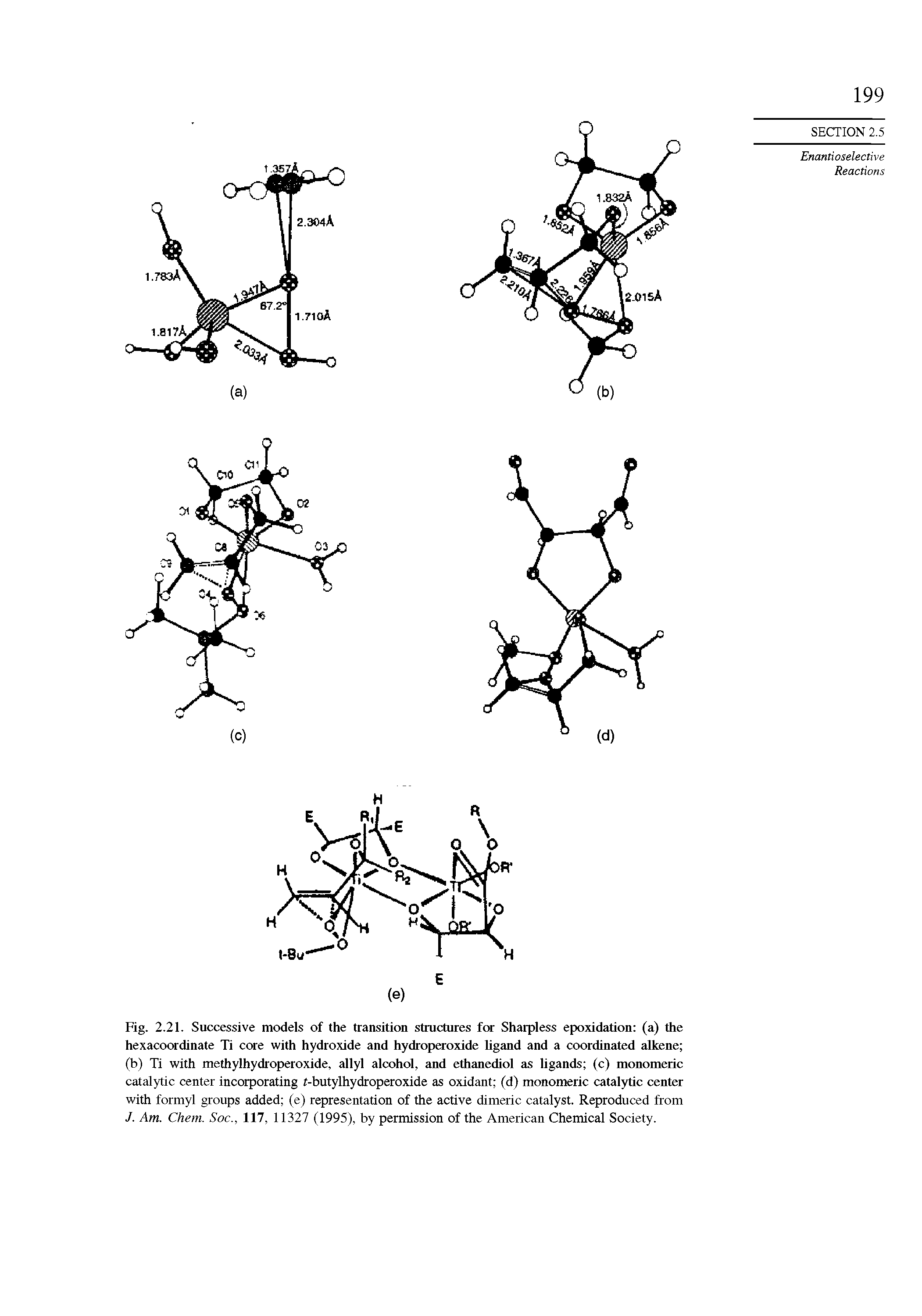 Fig. 2.21. Successive models of the transition structures for Sharpless epoxidation (a) the hexacoordinate Ti core with hydroxide and hydroperoxide ligand and a coordinated alkene (b) Ti with methylhydroperoxide, allyl alcohol, and ethanediol as ligands (c) monomeric catalytic center incorporating f-butylhydroperoxide as oxidant (d) monomeric catalytic center with formyl groups added (e) representation of the active dimeric catalyst. Reproduced from J. Am. Chem. Soc., 117, 11327 (1995), by permission of the American Chemical Society.
