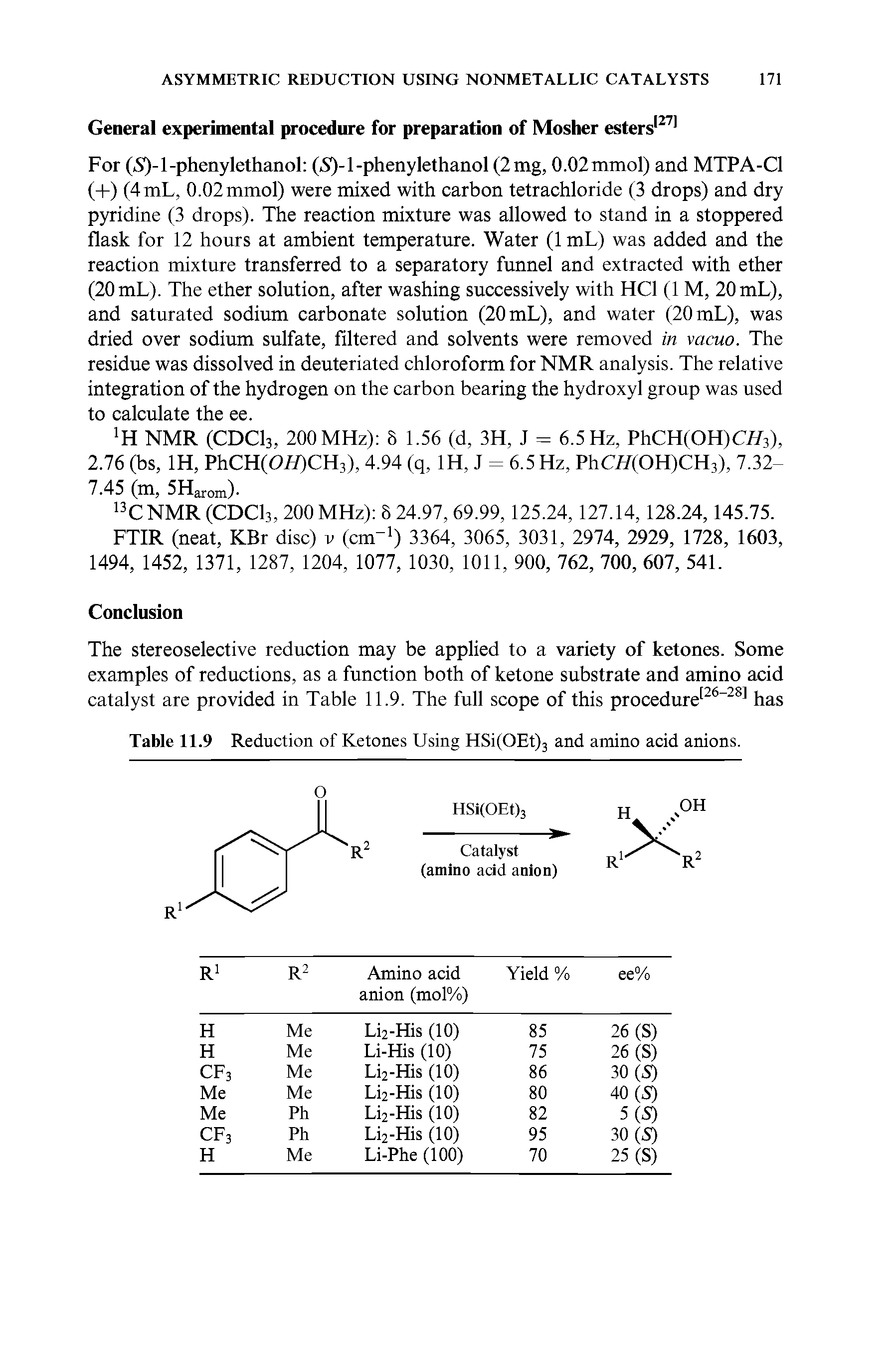 Table 11.9 Reduction of Ketones Using HSi(OEt)3 and amino acid anions.