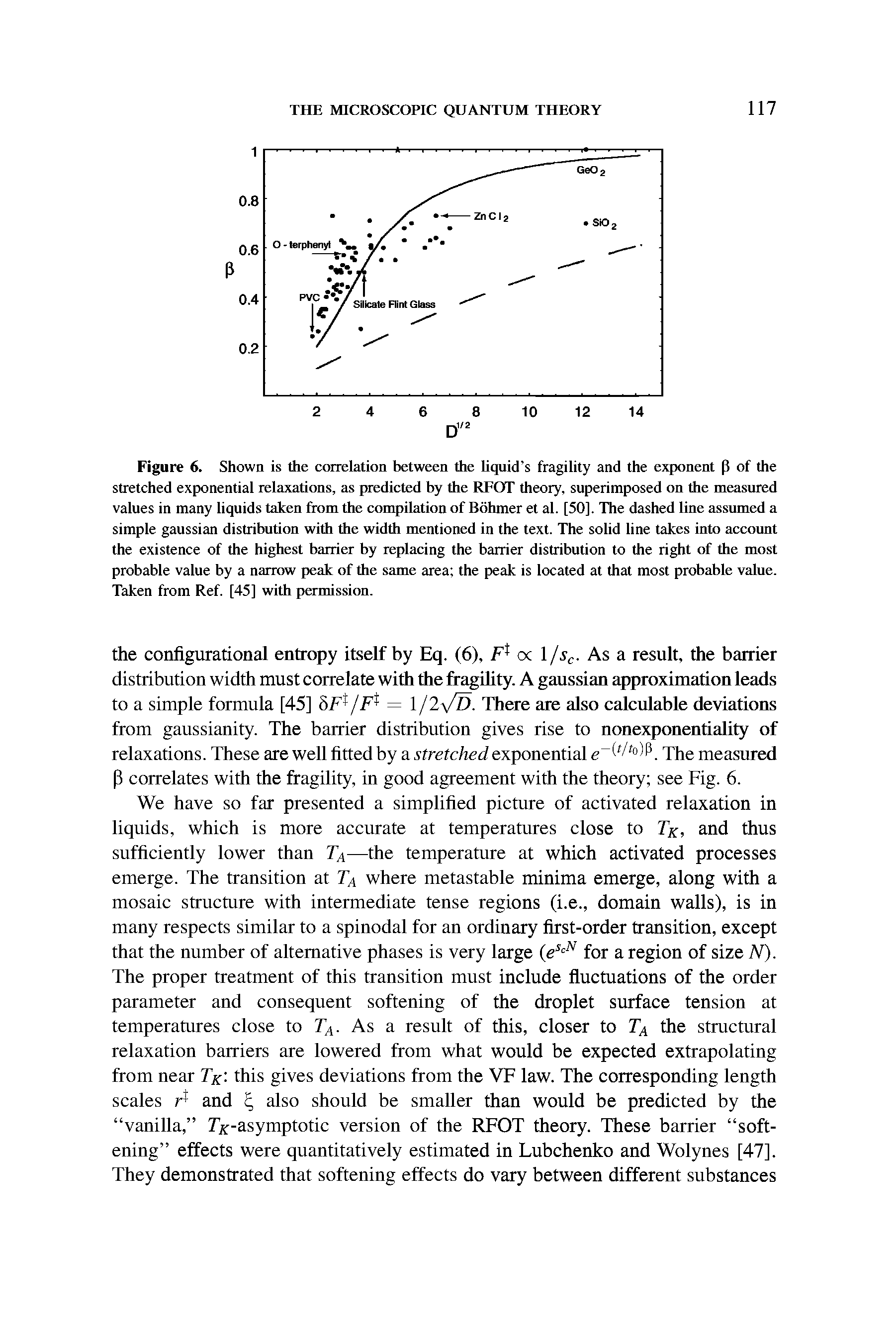 Figure 6. Shown is the correlation between the liquid s fragility and the exponent p of the stretched exponential relaxations, as predicted by the RFOT theory, superimposed on the measured values in many liquids taken from the compilation of Bohmer et al. [50]. The dashed line assumed a simple gaussian distribution with the width mentioned in the text. The solid line takes into account the existence of the highest barrier by replacing the barrier distribution to the right of the most probable value by a narrow peak of the same area the peak is located at that most probable value. Taken from Ref. [45] with permission.