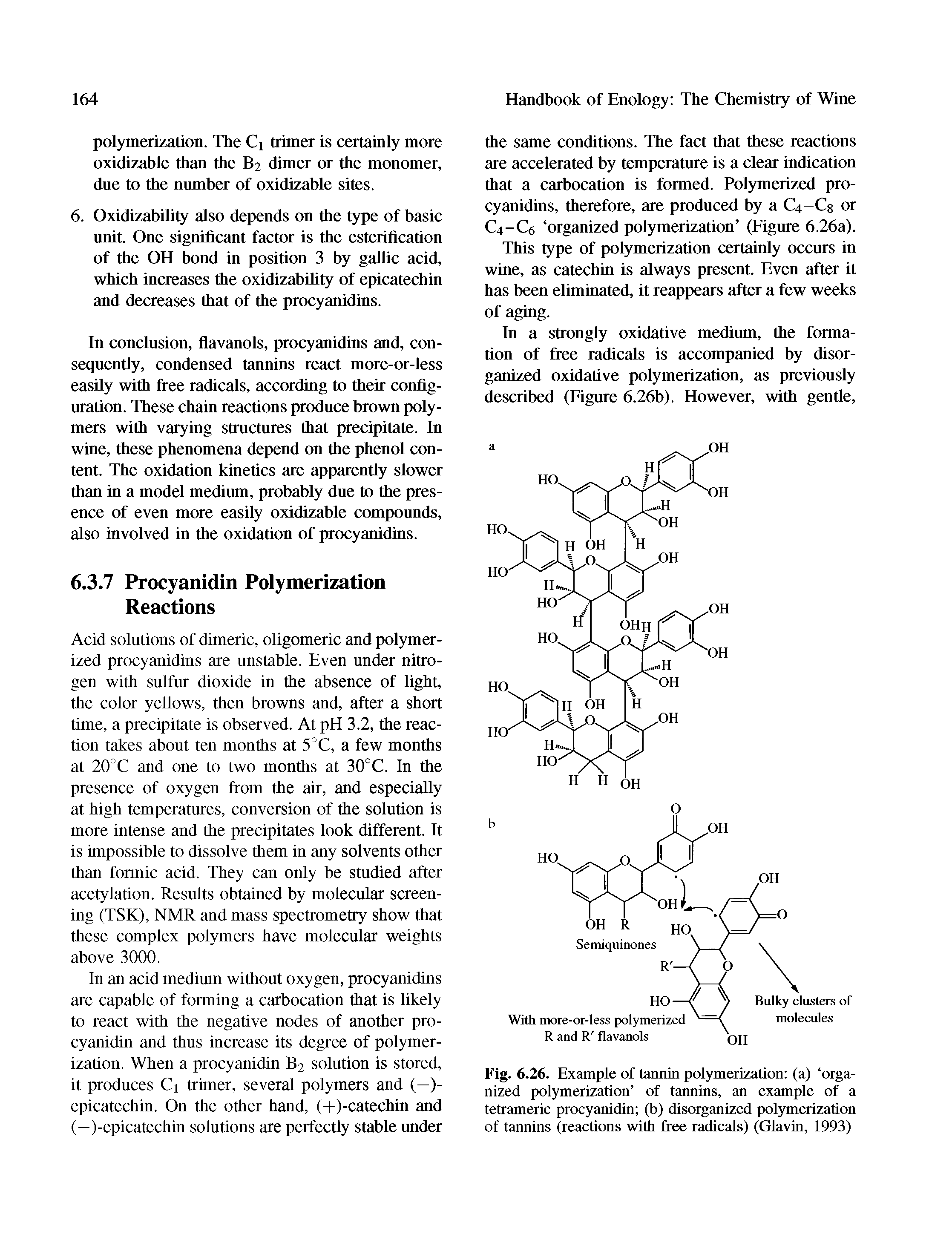 Fig. 6.26. Example of tannin polymerization (a) organized polymerization of tannins, an example of a tetrameric procyanidin (b) disorganized polymerization of tannins (reactions with free radicals) (Glavin, 1993)...