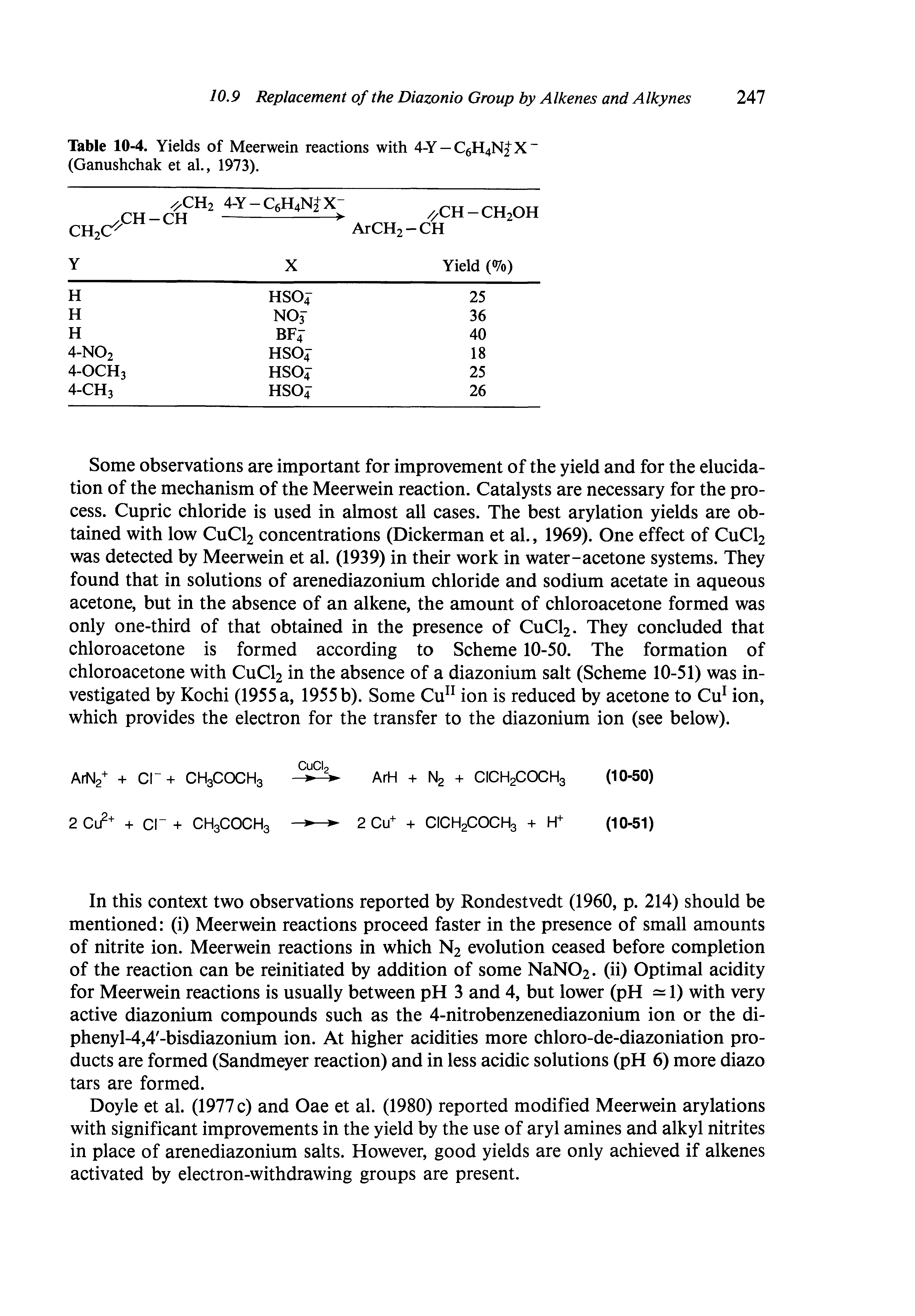 Table 10-4. Yields of Meerwein reactions with 4-Y — C6H4NJX (Ganushchak et al., 1973).