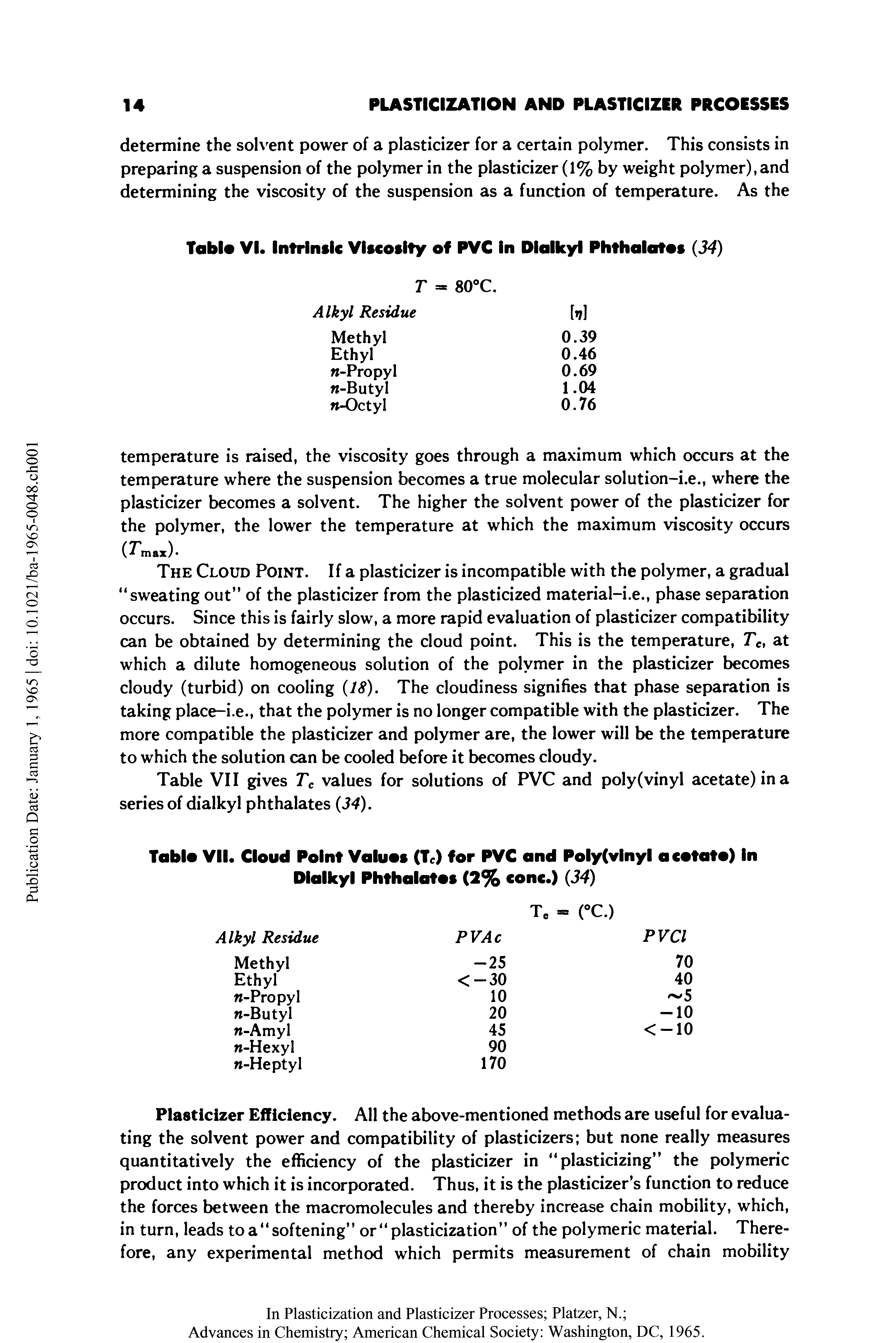 Table VII gives Tc values for solutions of PVC and poly (vinyl acetate) in a series of dialkyl phthalates (34).