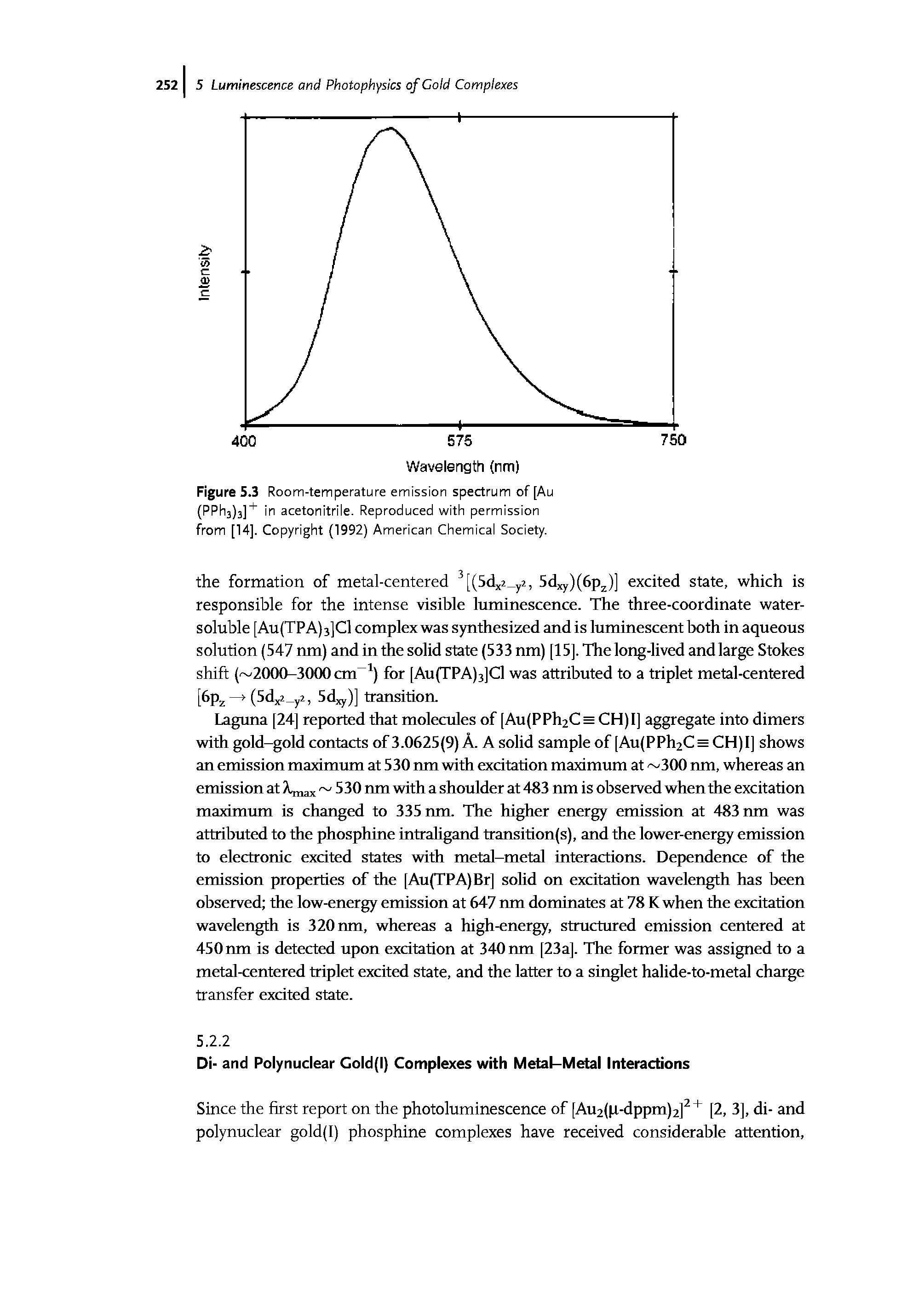 Figure 5.3 Room-temperature emission spectrum of [Au (PPh3)3] in acetonitrile. Reproduced with permission from [14]. Copyright (1992) American Chemical Society.