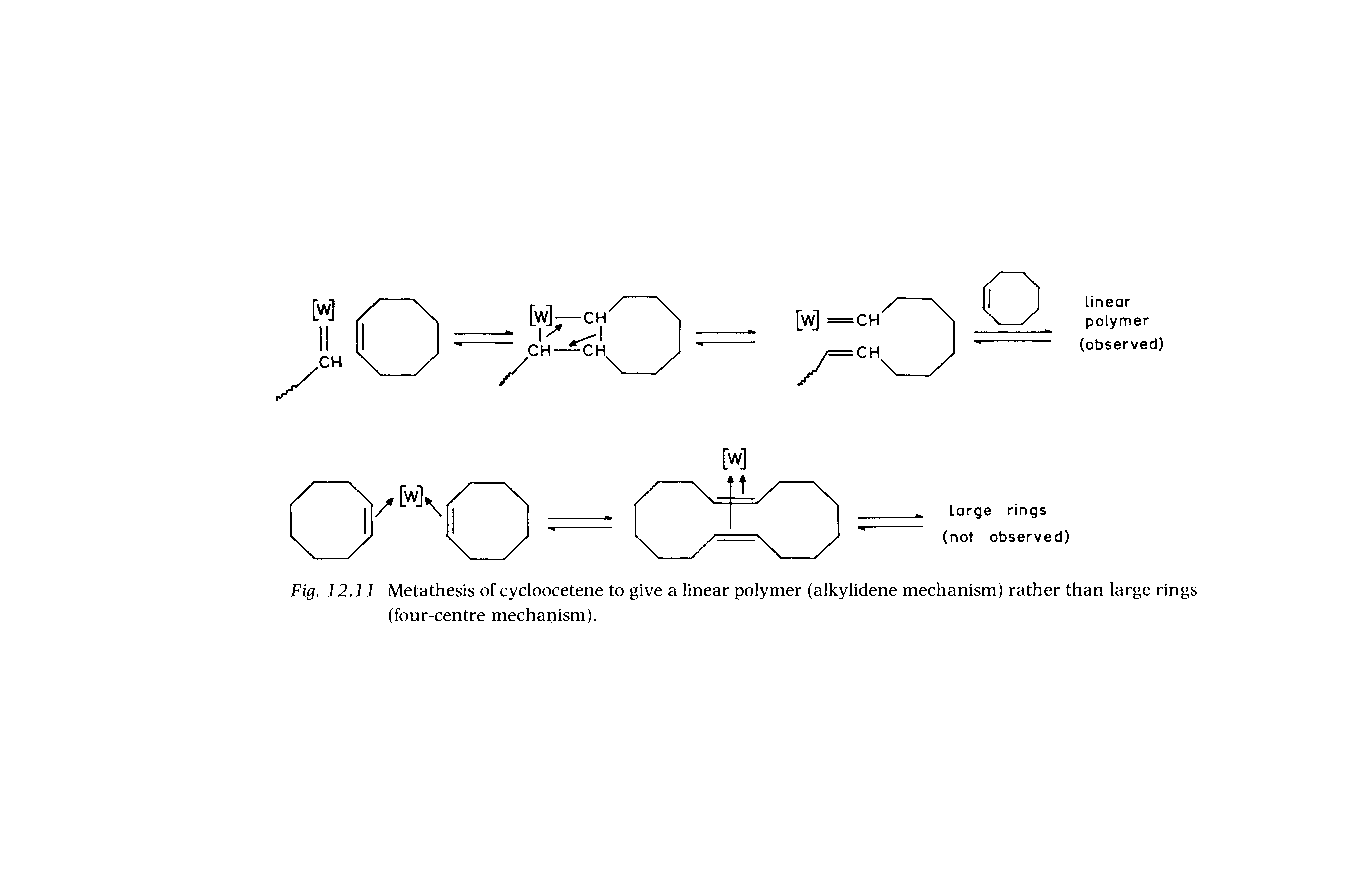 Fig. 12.11 Metathesis of cycloocetene to give a linear polymer (alkylidene mechanism) rather than large rings (four-centre mechanism).