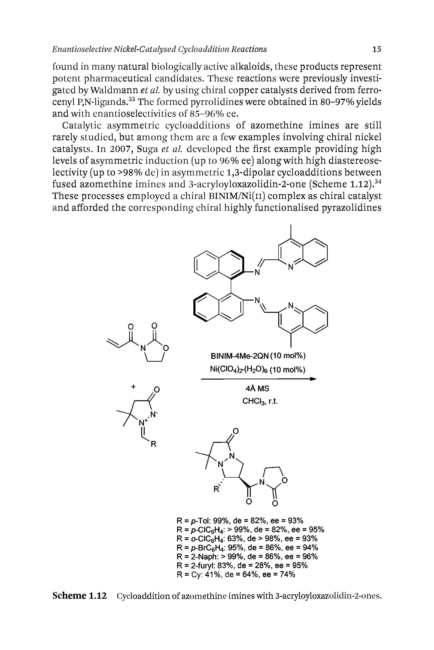 Scheme 1.12 Cycloaddition of azomethine imines with 3-acryloyloxazolidin-2-ones.