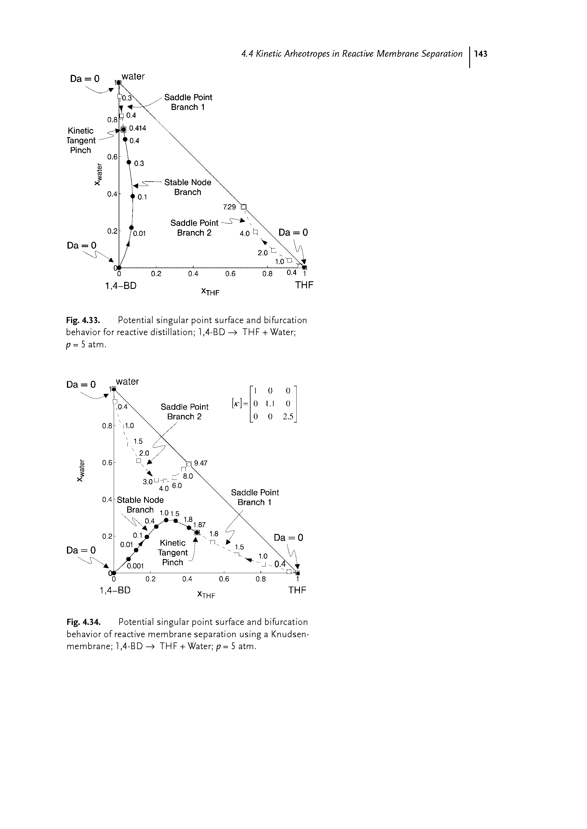 Fig. 4.34. Potential singular point surface and bifurcation behavior of reactive membrane separation using a Knudsen-membrane l,4-BD— THF + Water p= 5 atm.