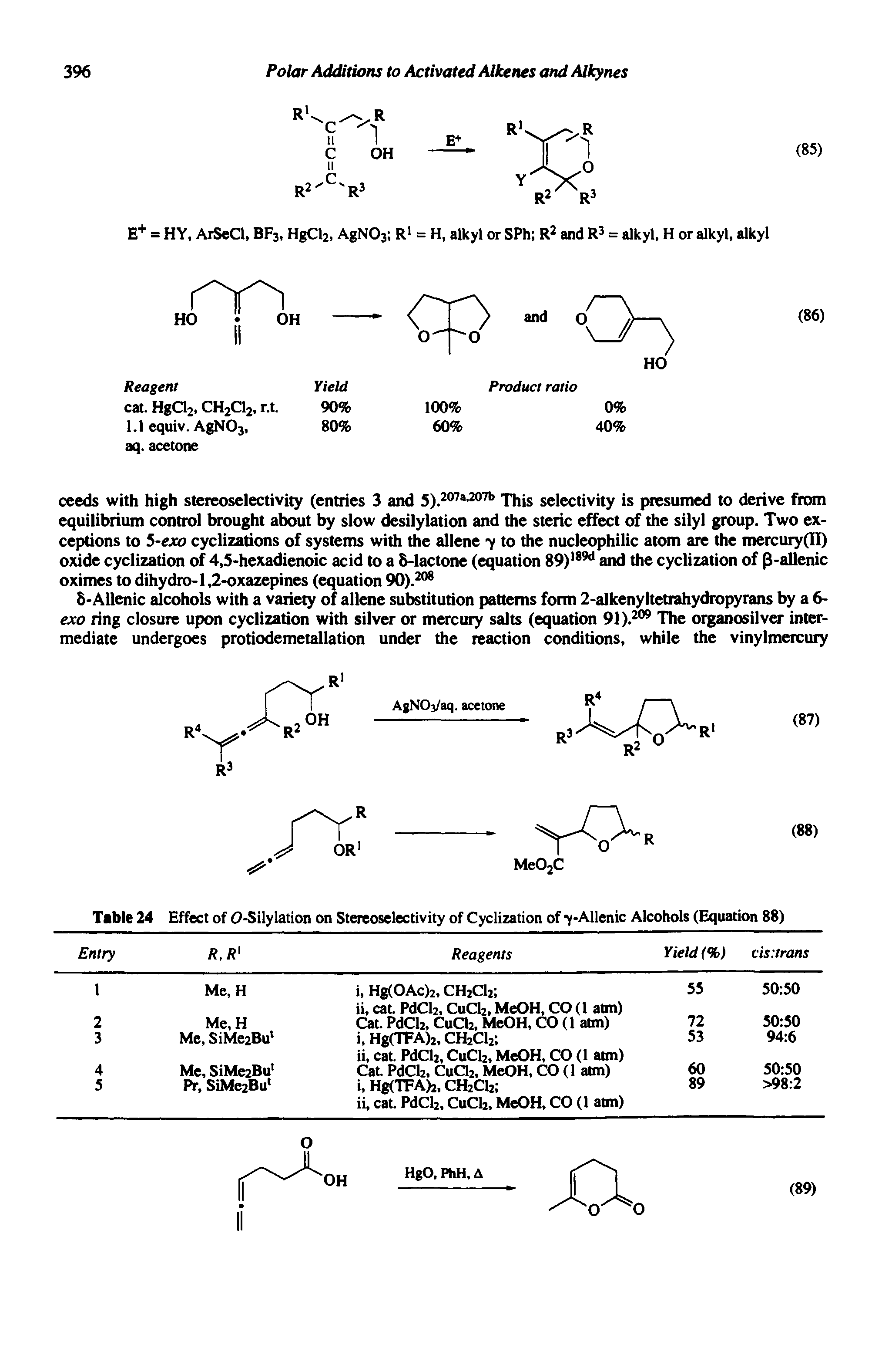 Table 24 Effect of O-Silylation on Stereoselectivity of Cyclization of y-Allenic Alcohols (Equation 88)...