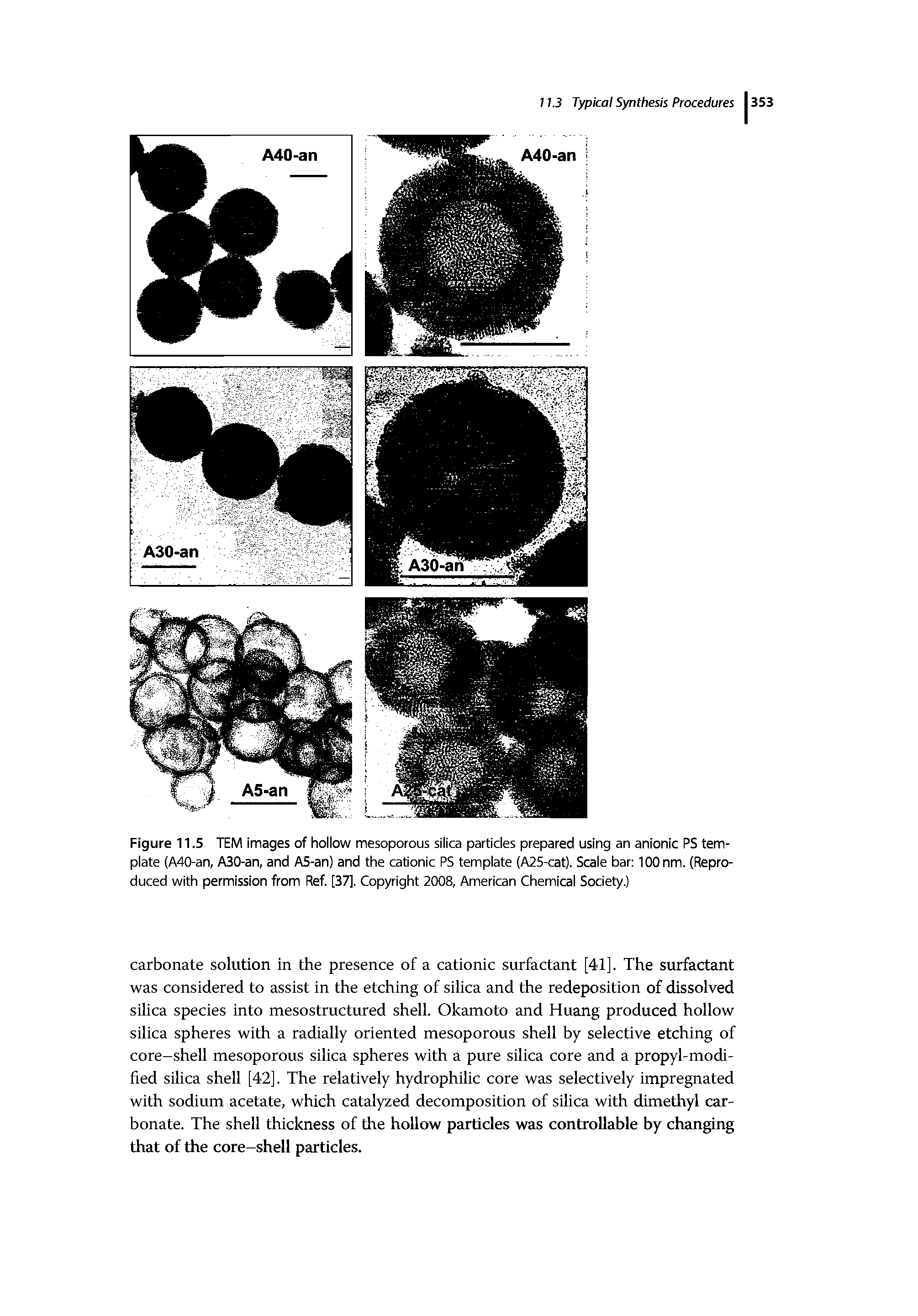 Figure 11.5 TEM images of hollow mesoporous silica particles prepared using an anionic PS template (A40-an, A30-an, and A5-an) and the cationic PS template (A25-cat). Scale bar 100 nm. (Reproduced with permission from Ref. [37], Copyright 2008, American Chemical Society.)...