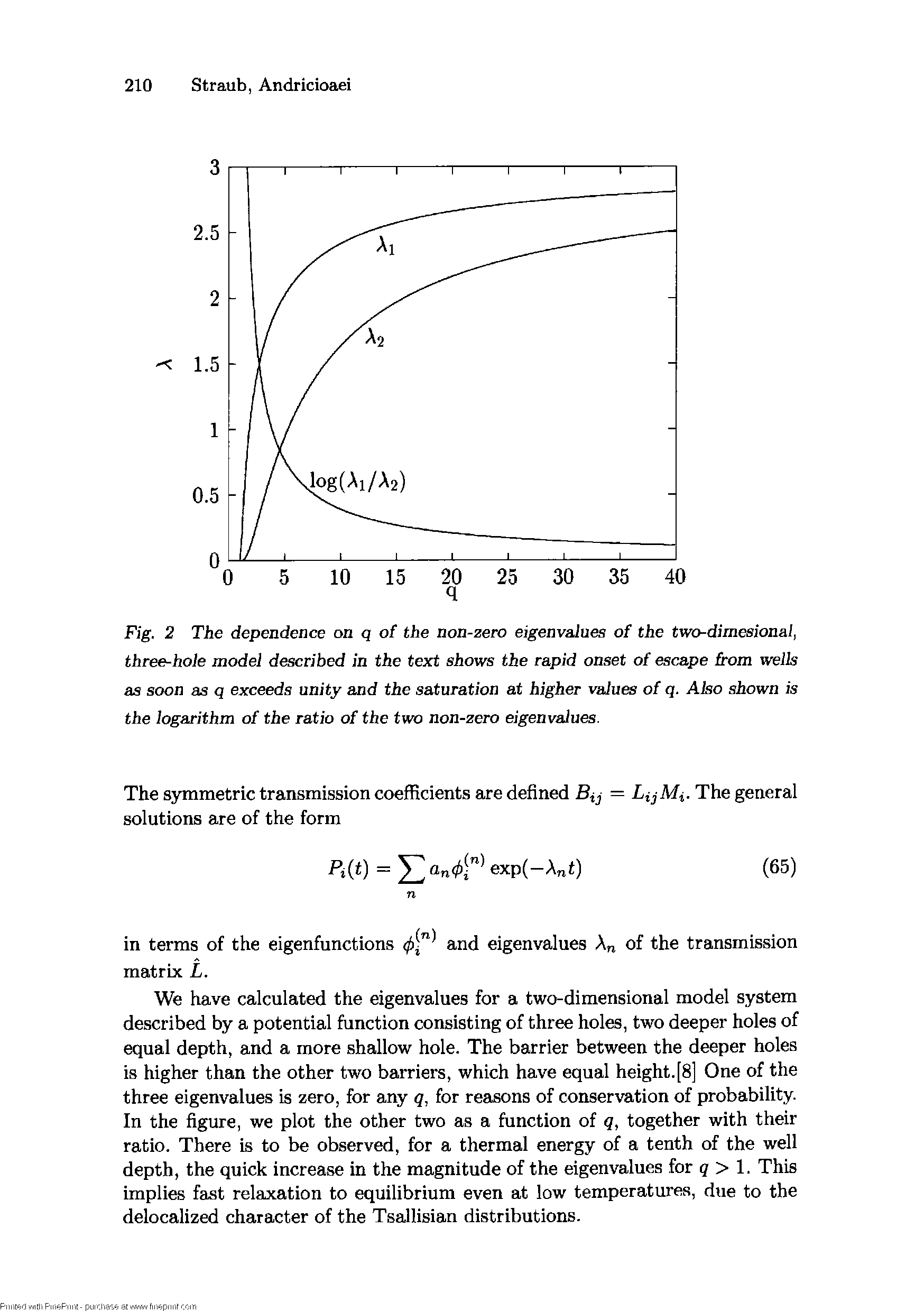 Fig. 2 The dependence on q of the non-zero eigenvalues of the two-dimesional, three-hole model described in the text shows the rapid onset of escape Grom wells as soon as q exceeds unity and the saturation at higher values of q. Also shown is the logarithm of the ratio of the two non-zero eigenvalues.