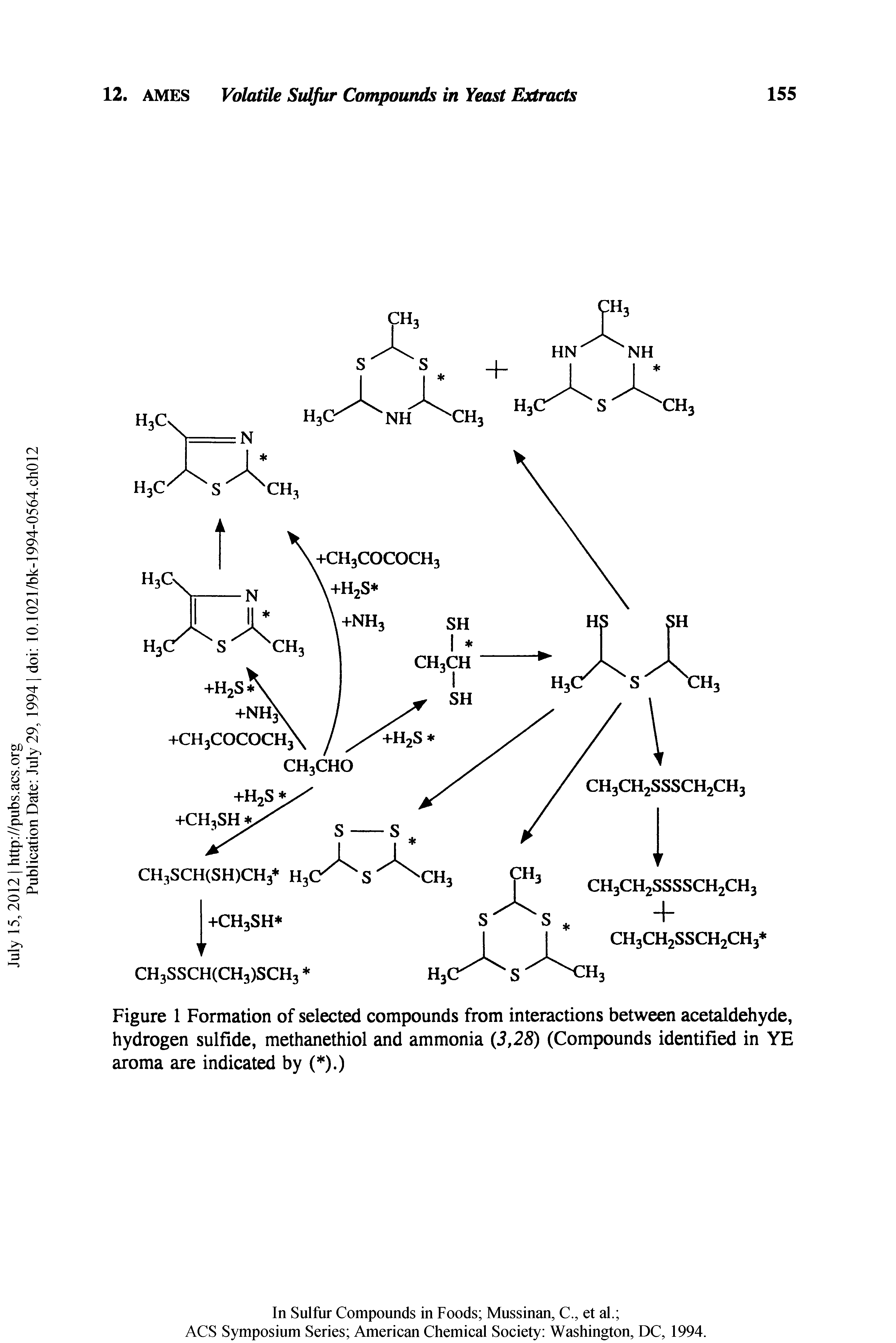 Figure 1 Formation of selected compounds from interactions between acetaldehyde, hydrogen sulfide, methanethiol and ammonia (5,28) (Compounds identified in YE aroma are indicated by ( ).)...