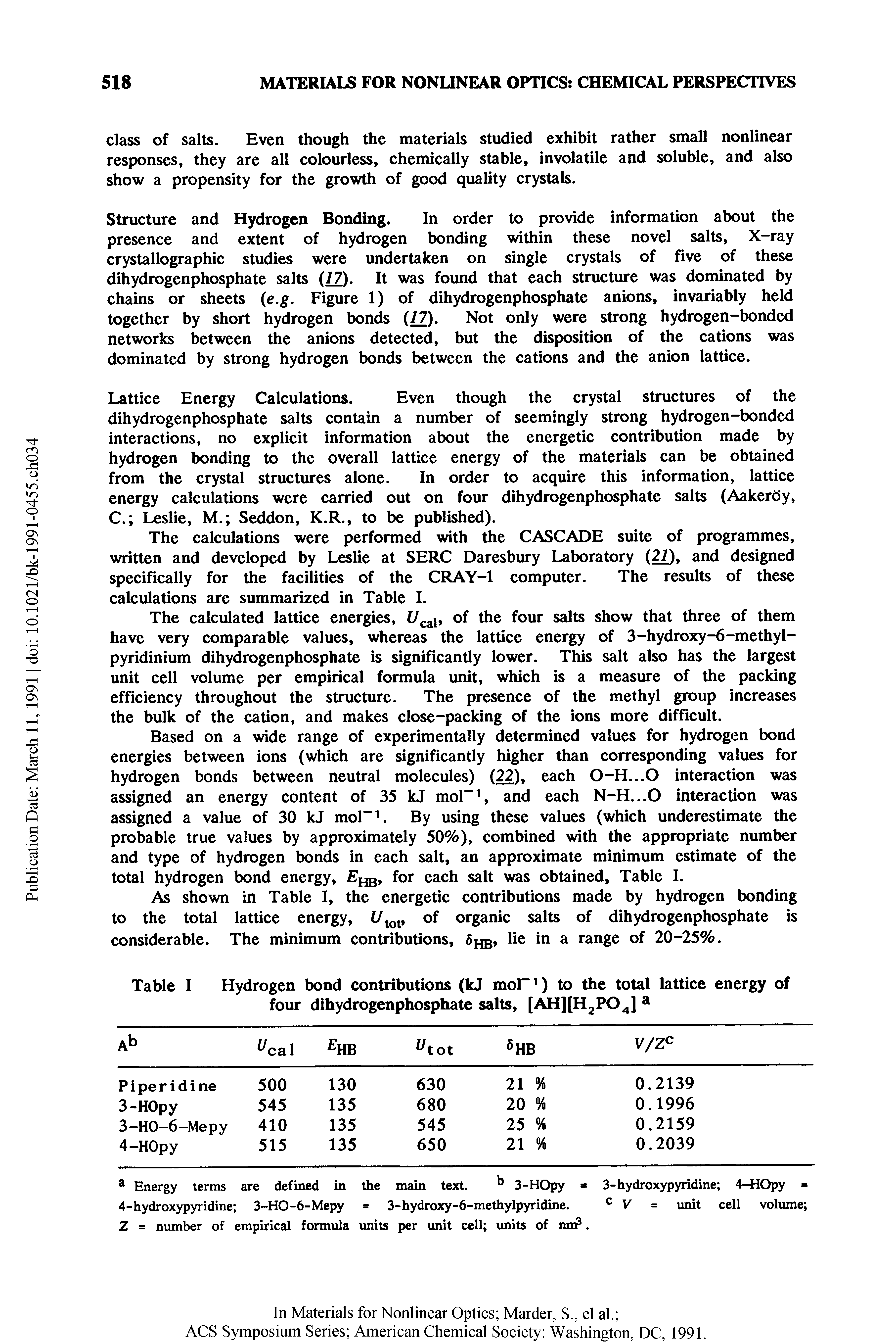 Table I Hydrogen bond contributions (kJ mol 1) to the total lattice energy of four dihydrogenphosphate salts, [AH][H2P04] a...