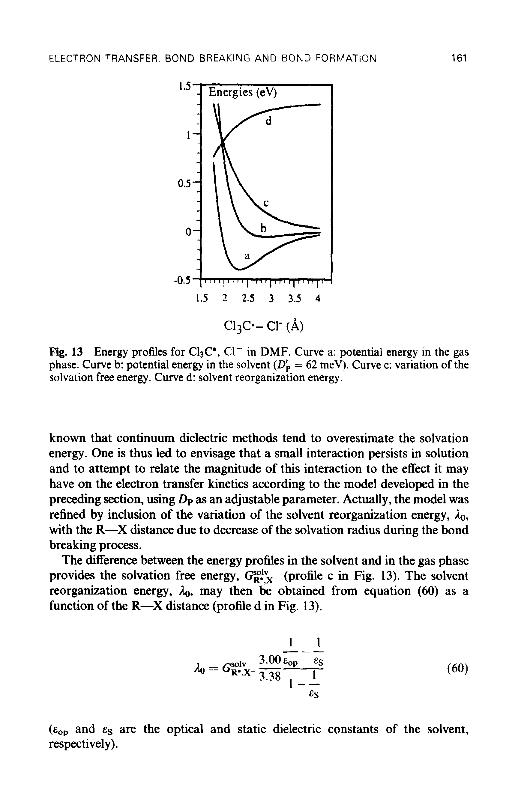 Fig. 13 Energy profiles for C C, Cl in DMF. Curve a potential energy in the gas phase. Curve b potential energy in the solvent (D p = 62 meV). Curve c variation of the solvation free energy. Curve d solvent reorganization energy.