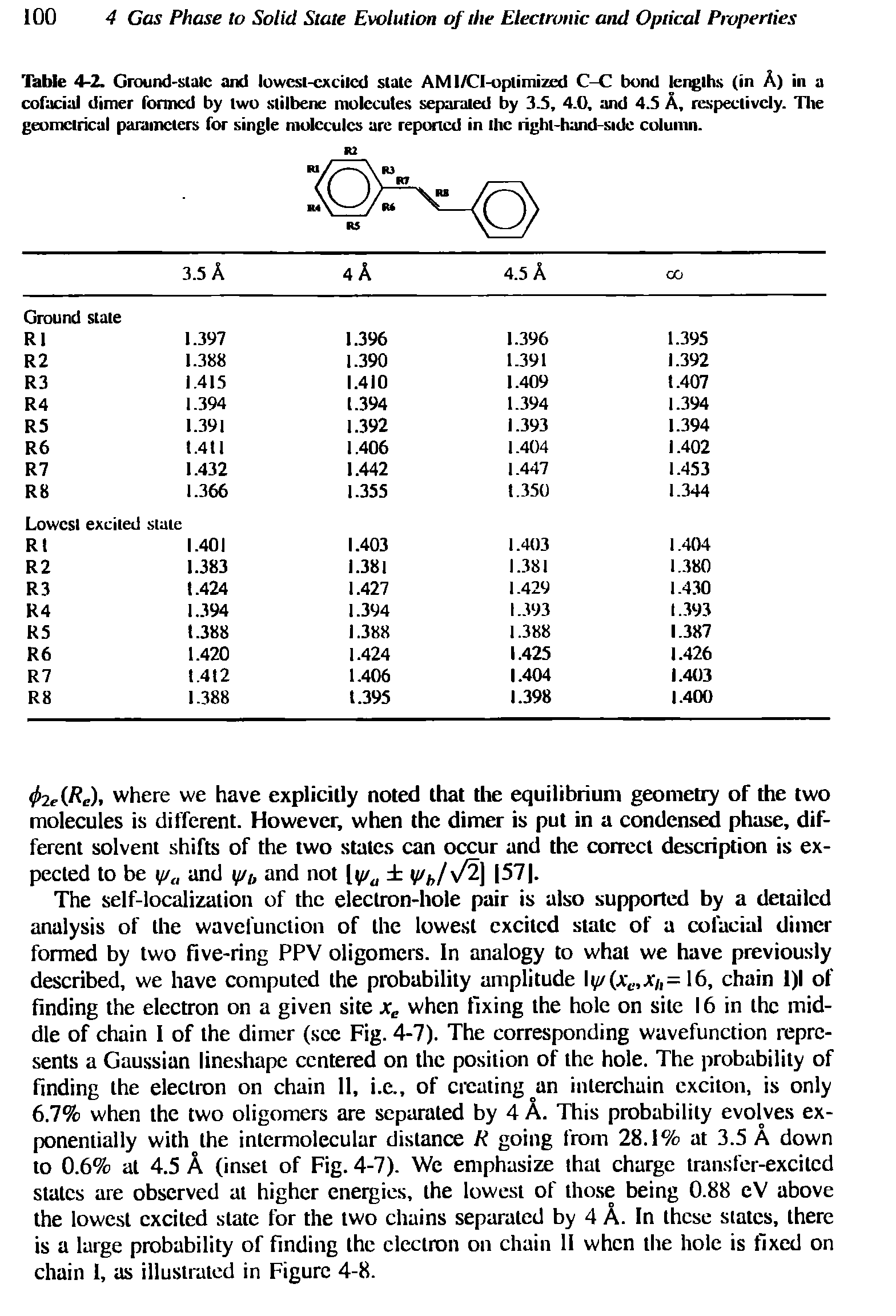 Table 4-2. Ground-slalc and lowcsl-cxcilcd slate AM l/CI-oplimized C-C bond lengths (in A) in a cofacial dimer formed by two stilbenc molecules separated by 3.5, 4.0, and 4.5 A, respectively. The geometrical parameters for single molecules arc reported in the right-hand-side column.