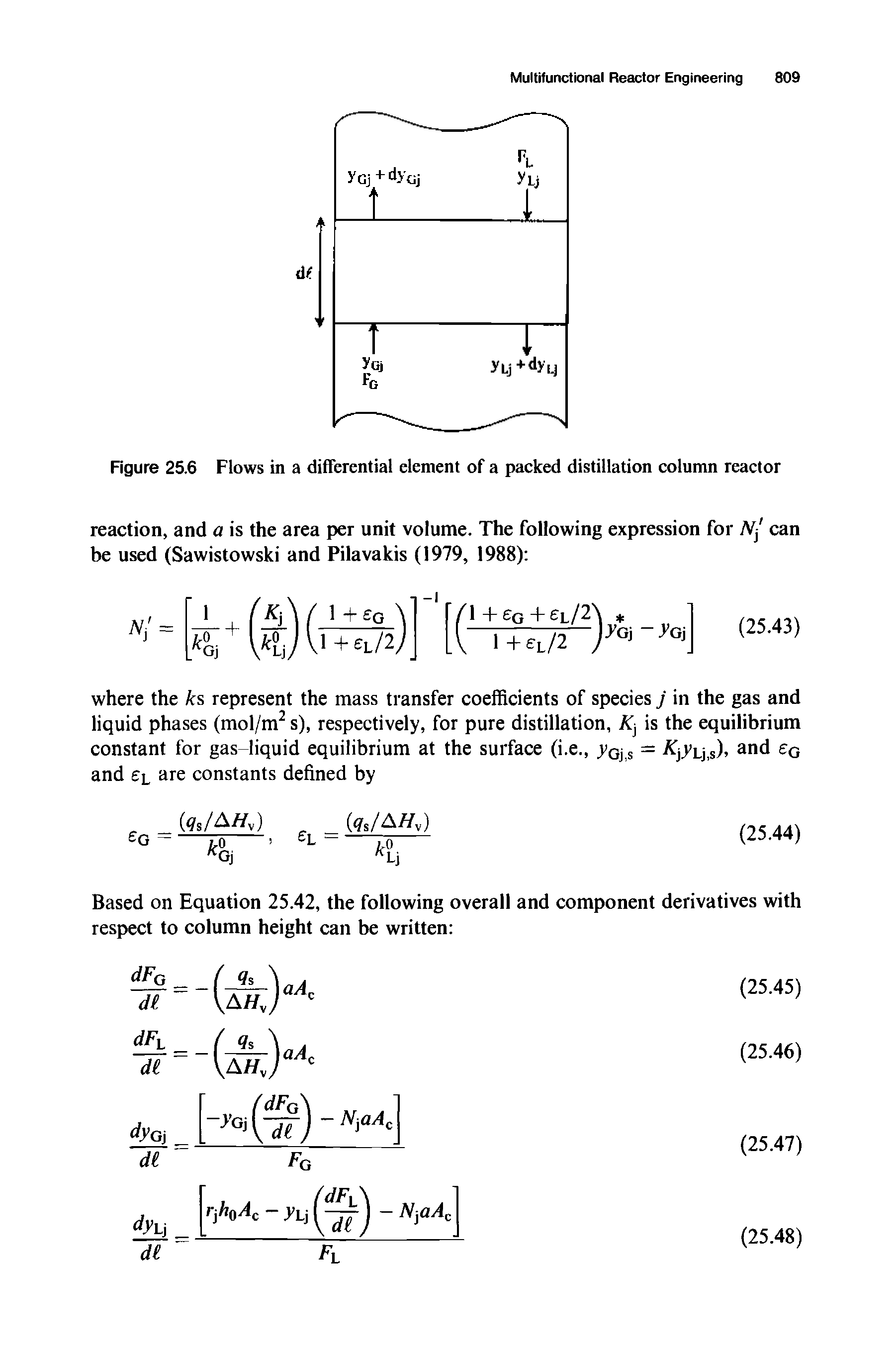 Figure 25.6 Flows in a differential element of a packed distillation column reactor...