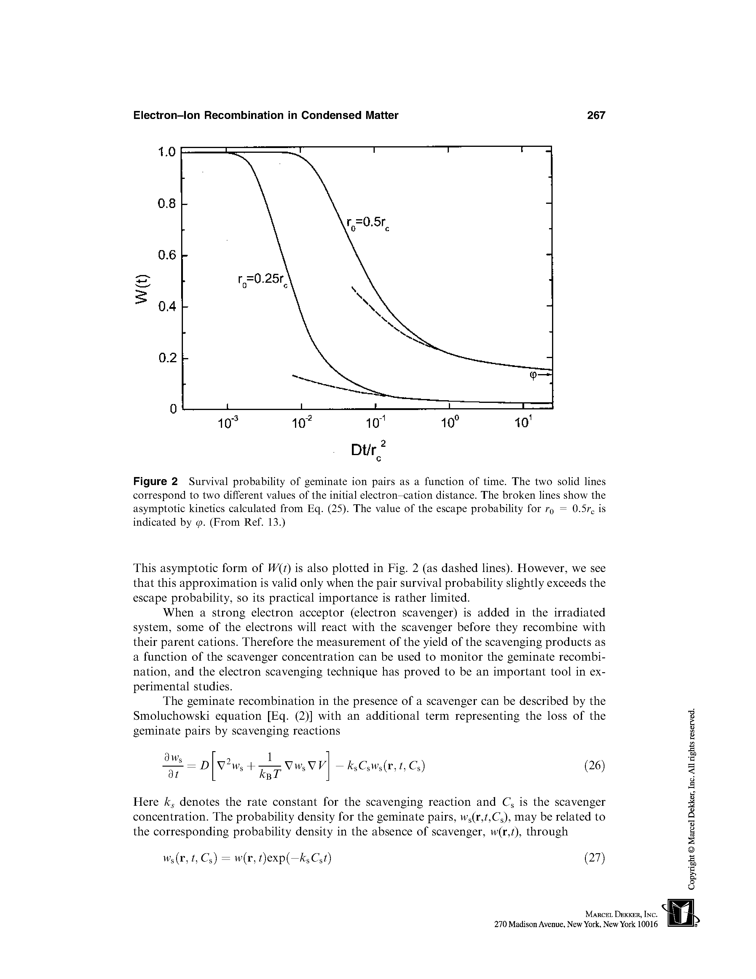 Figure 2 Survival probability of geminate ion pairs as a function of time. The two solid lines correspond to two different values of the initial electron-cation distance. The broken lines show the asymptotic kinetics calculated from Eq. (25). The value of the escape probability for Tq = O.Sr is indicated by <p. (From Ref. 13.)...