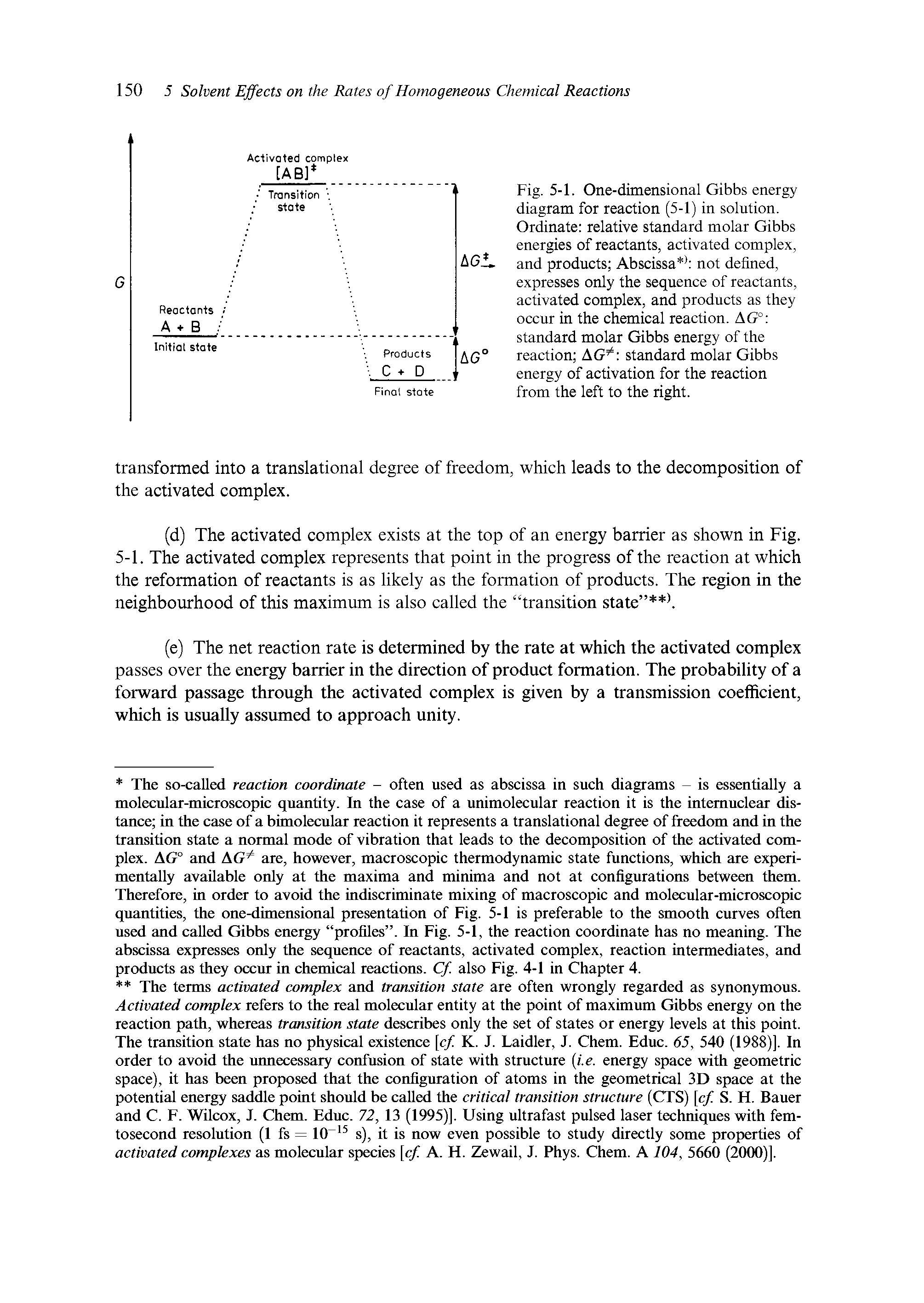 Fig. 5-1. One-dimensional Gibbs energy diagram for reaction (5-1) in solution. Ordinate relative standard molar Gibbs energies of reactants, activated complex, and products Abscissa not defined, expresses only the sequence of reactants, activated complex, and products as they occur in the chemical reaction. AG° standard molar Gibbs energy of the reaction AG standard molar Gibbs energy of activation for the reaction from the left to the right.