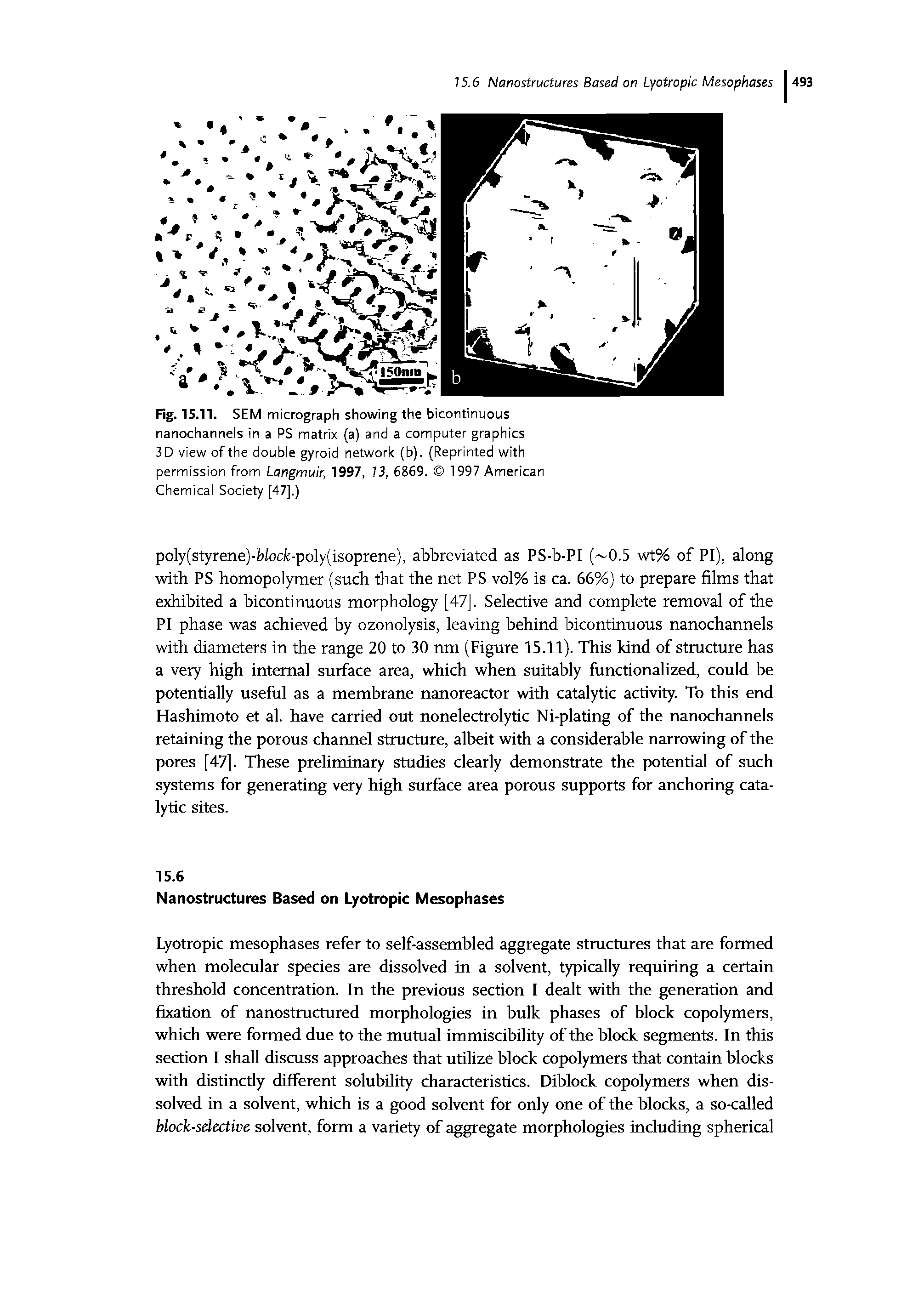 Fig. 15.11. SEM micrograph showing the bicontinuous nanochannels in a PS matrix (a) and a computer graphics 3D view of the double gyroid network (b). (Reprinted with permission from Langmuir, 1997, 73, 6869. 1997 American Chemical Society [47].)...