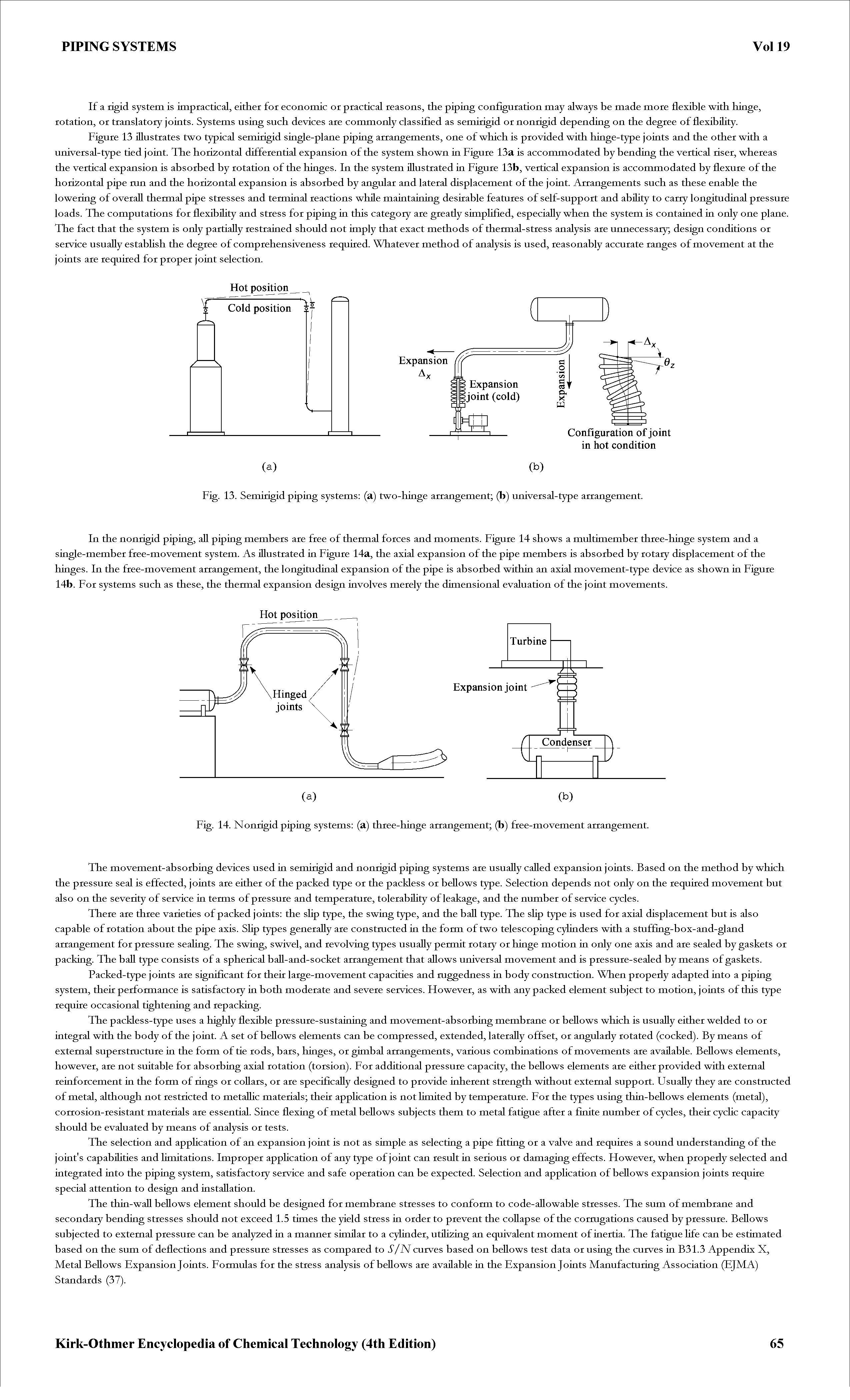 Fig. 14. Nonrigid piping systems (a) three-hinge arrangement (b) free-movement arrangement.