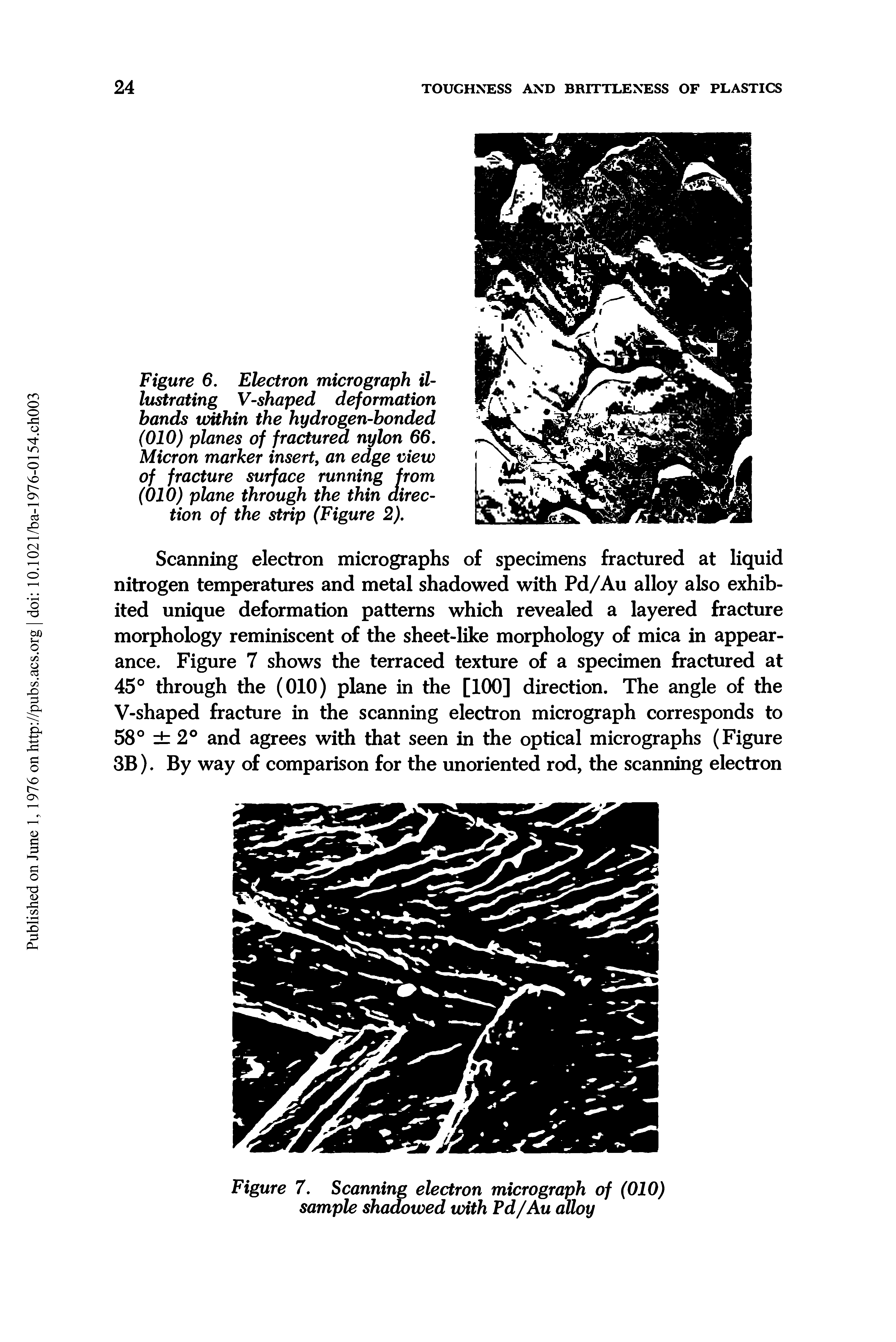 Figure 6. Electron micrograph illustrating V-shaped deformation bands within the hydrogen-bonded (010) planes of fractured nylon 66, Micron marker insert, an edge view of fracture surface running from (010) plane through the thin direction of the strip (Figure 2),...